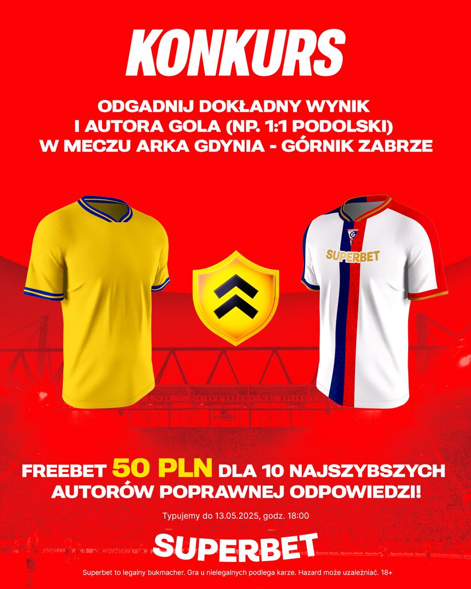 SuperbetPL's tweet photo. #KONKURS! Wytypuj w odpowiedziach dokładny wynik oraz autora gola ⚽️ w meczu @ArkaGdyniaSA - @GornikZabrzeSSA i zgarnij freebet! #ARKGOR
-- 
✅ Zaobserwuj @SuperbetPL
❤️ Polub wpis i 🔄 podaj go dalej 
👤 Dodaj nick z Superbet 
🎁 Nagroda = FREEBET 50 PLN
Regulamin: https://t.co/waaeG4Pxh3