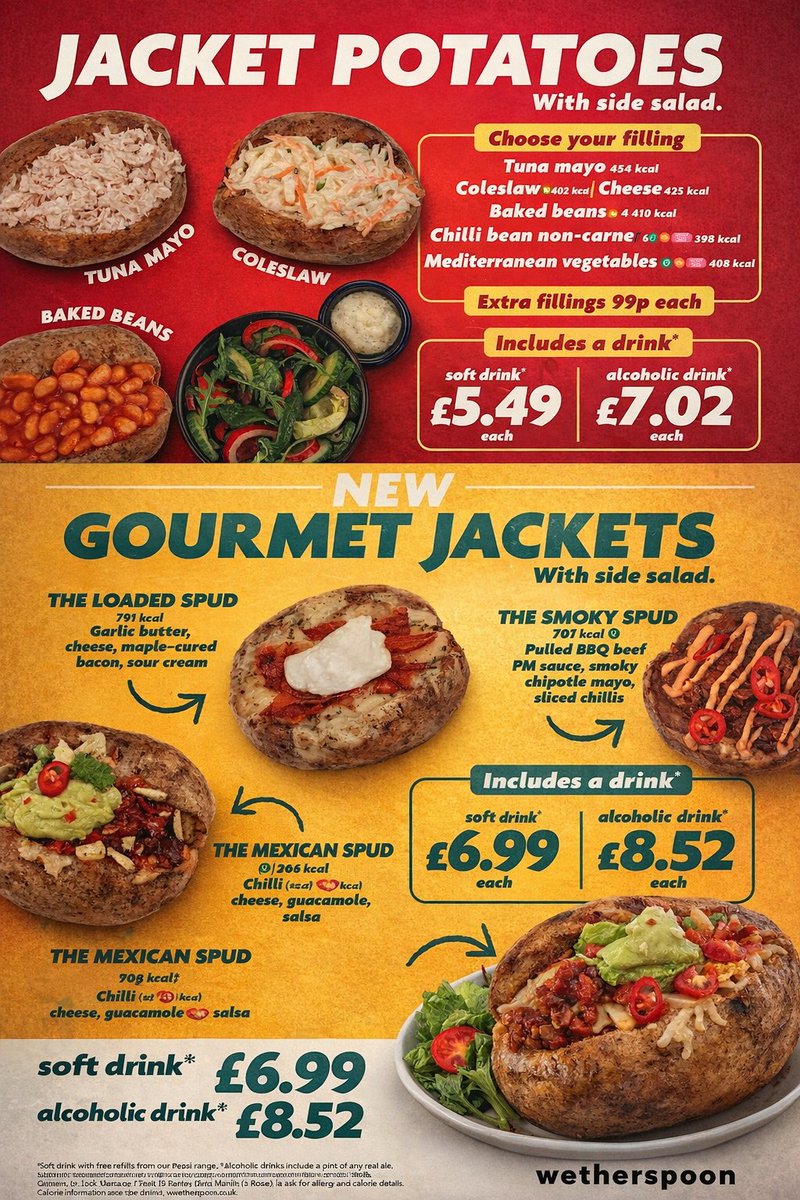 rivergatecentre's tweet photo. 🥔 Jacket potatoes at The Auld Brig from just £5.49 (includes a drink!)

Choose classics like tuna or beans, or try their new gourmet options: Loaded Spud, Smoky Spud &amp; Mexican Spud 😋

Perfect for lunch or a quick bite! 🍽️ https://t.co/zBbe9VoEAA