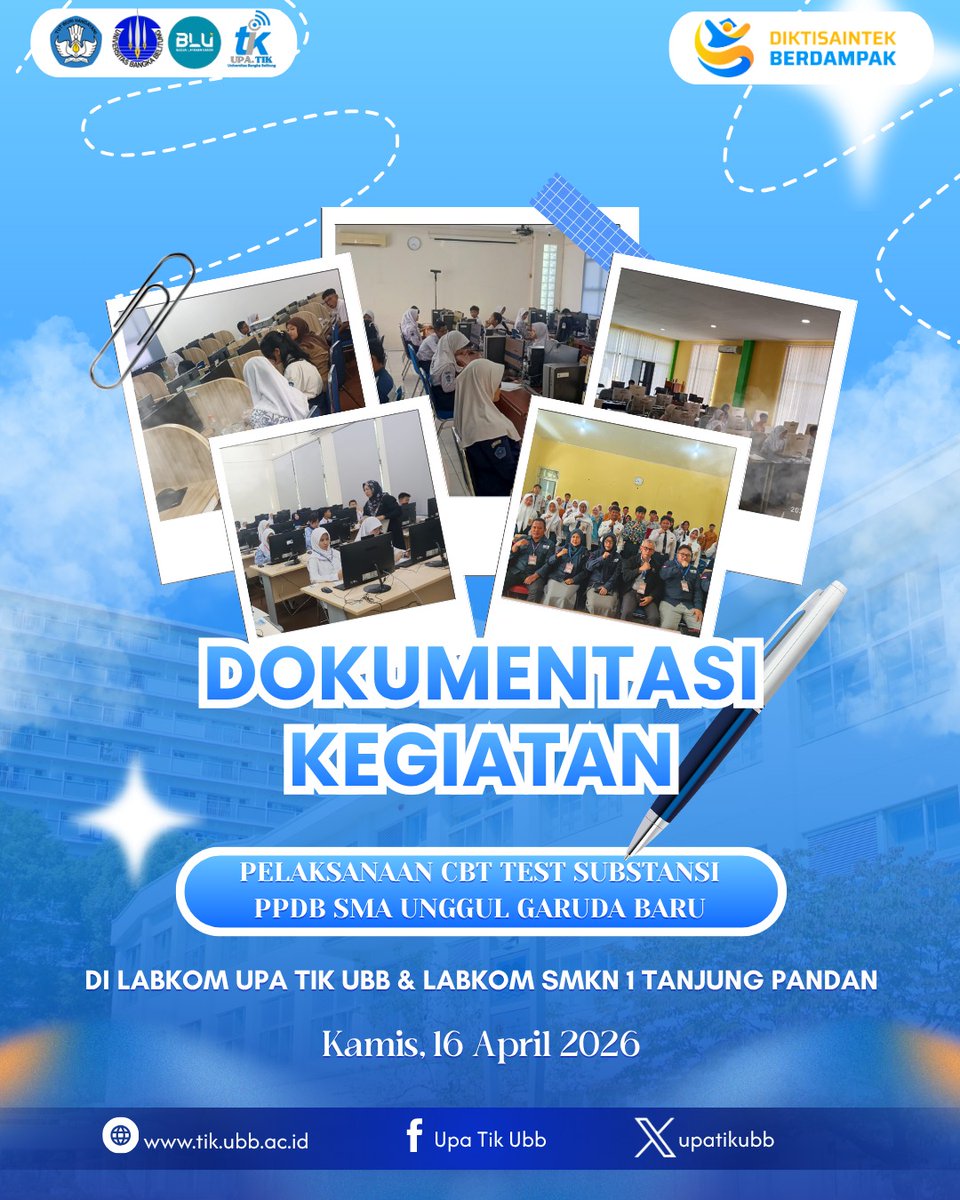 upatikubb's tweet photo. Info_upatikubb: 
Halo SobaTIKers,Pada Tanggal 16 April 2026 telah dilaksanakan Kegiatan Pelaksanaan CBT Test Substansi PPDB SMA Unggul Garuda Baru Tahun 2026 di LabKom UPATIK &amp; di LabKom SMKN 1 Tanjung Pandan Belitung.

#ubbhebatt👏👏🔥 https://t.co/DqlOCtUCw1