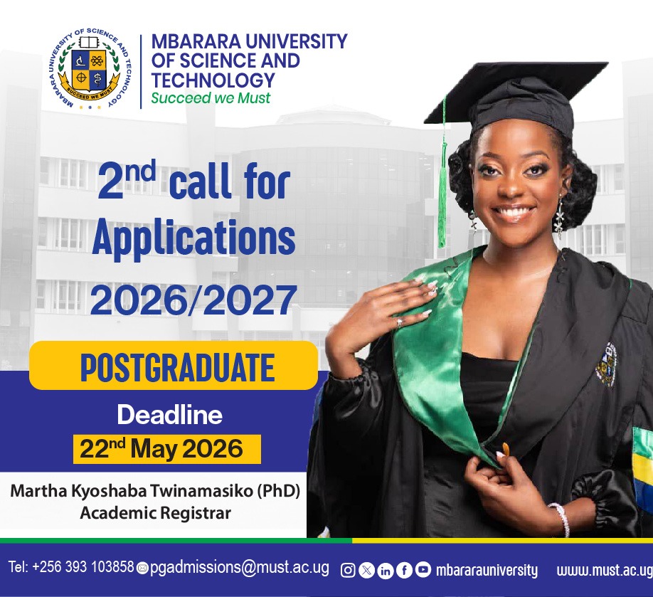 MbararaUST's tweet photo. @MbararaUST  invites you to take the next step in your academic journey. 
The 2nd Call for Postgraduate Applications for the 2026/2027 academic year is currently open.

 Apply online: https://t.co/93QYVn0K3b

All applications and supporting documents MUST be submitted through the online portal.