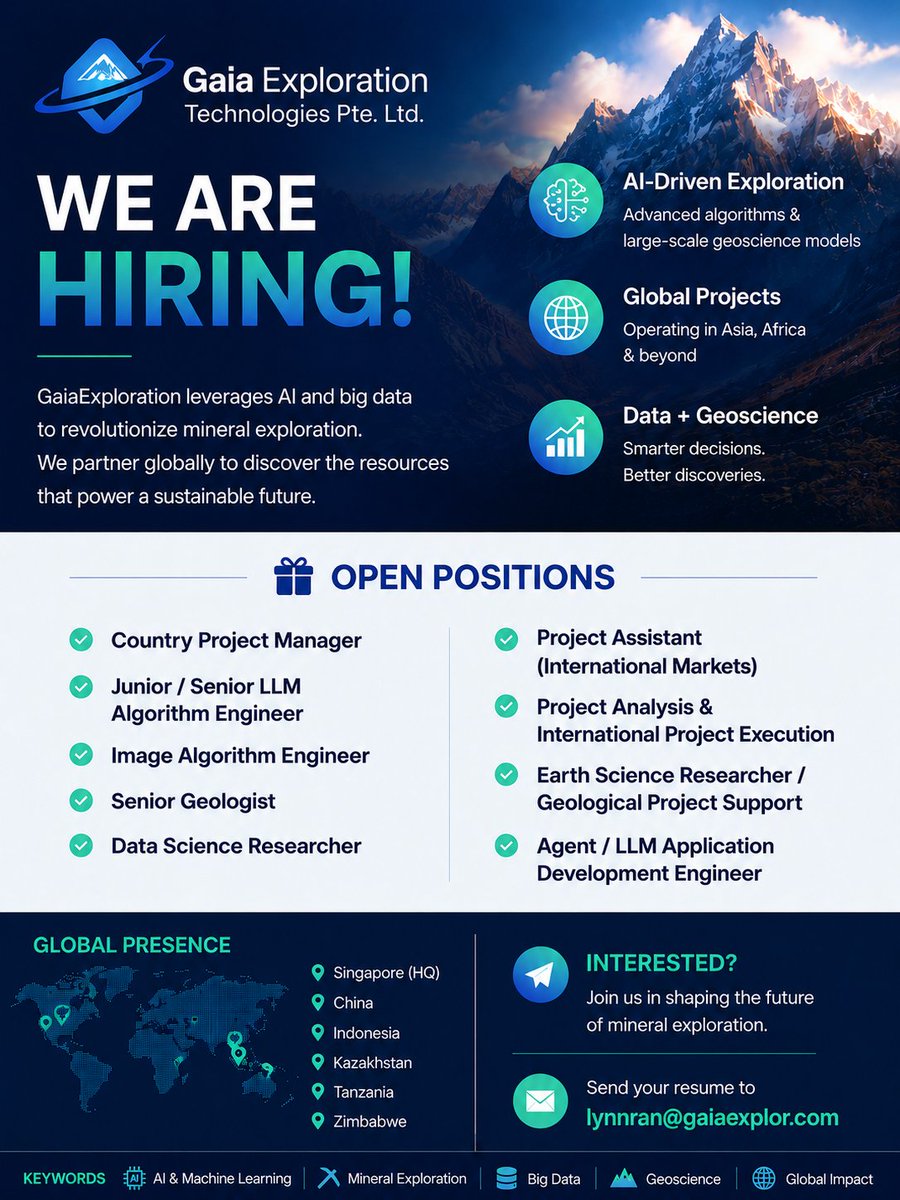 Gaia_Expl's tweet photo. Join Gaia Exploration Technologies! 

We’re Hiring: Project Managers; AI / Algorithm Engineers; Image Algorithm Engineers; Geologists; Data Scientists; Project Assistant
Apply: lynnran@gaiaexplor.com
#MiningJobs #AIinMining  #DataScience
#InternationalJobs #GaiaExploration https://t.co/greCmxFPkx