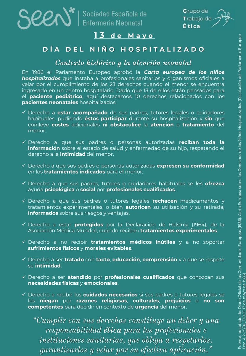 SEEN_Neonatal's tweet photo. 13 de mayo. Día del Niño Hospitalizado.
«Cumplir con sus derechos constituye un deber y una responsabilidad ética para los profesionales e instituciones sanitarias, que obliga a respetarlos, garantizarlos y velar por su efectiva aplicación»
https://t.co/dMccFOiVn2 https://t.co/XNNsD9XJ55