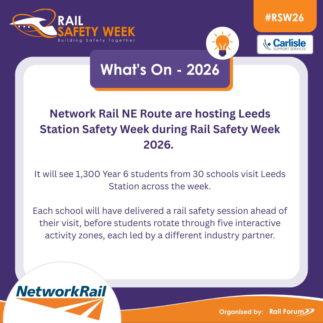 RailSafetyWeek's tweet photo. 🚉 WHAT'S ON | Network Rail NE Route | #RSW26

1,300 Year 6 students will visit Leeds Station across the week. Each school will have a rail safety session and five interactive activity zones.

📋 Submit your participation to the What's On 2026 page: https://t.co/9wgIApSwlv https://t.co/e61nFKmD3Y