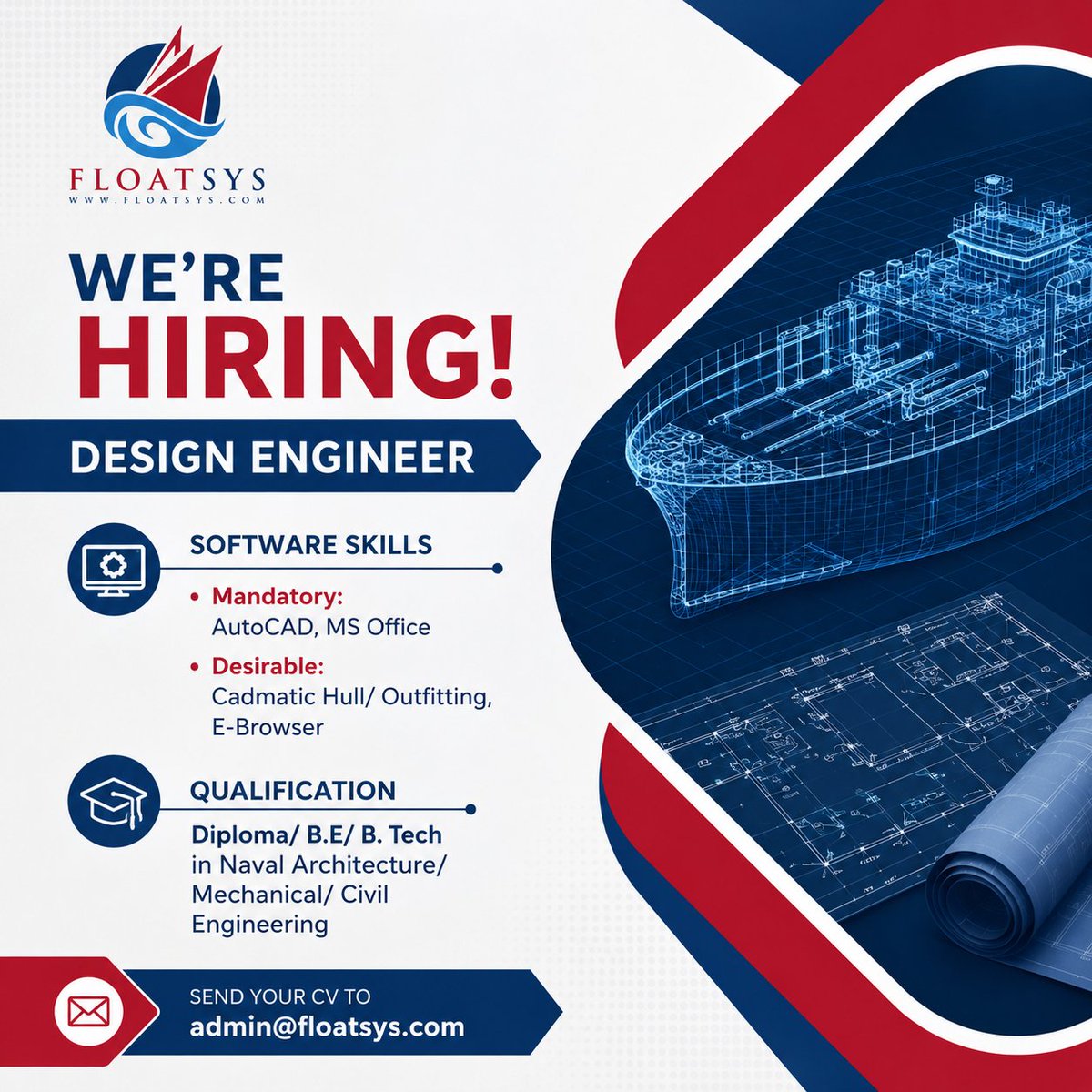 float_sys2025's tweet photo. FloatSys is Hiring – Design Engineer
𝐏𝐨𝐬𝐢𝐭𝐢𝐨𝐧: 𝐃𝐞𝐬𝐢𝐠𝐧 𝐄𝐧𝐠𝐢𝐧𝐞𝐞𝐫

𝐑𝐞𝐪𝐮𝐢𝐫𝐞𝐦𝐞𝐧𝐭𝐬:
• Good knowledge in 2D drafting using AutoCAD
• Experience in extraction of data from 3D models in CADMATIC
• Preparation of 2D drawings

#FloatSys #Hiring #CADMATIC https://t.co/UK9kok7X6I