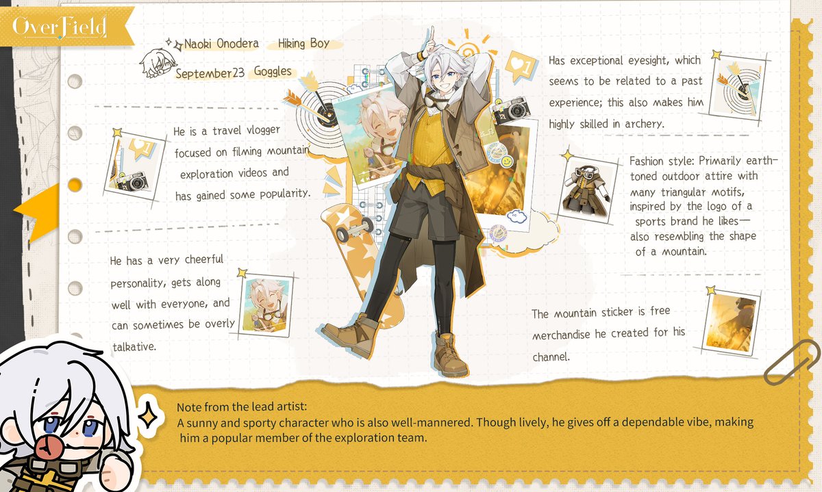 OverField_EN's tweet photo. [Writer's Notes] NAOKI

A boy who wants to bring happiness to the whole world—
Everyone's friend, Naoki is here!

Always dressed in a yellow tracksuit, he dashes around with boundless energy.
The triangular symbol on his jacket represents the image of a "mountain."

#OverField https://t.co/ZKlKPADQUm