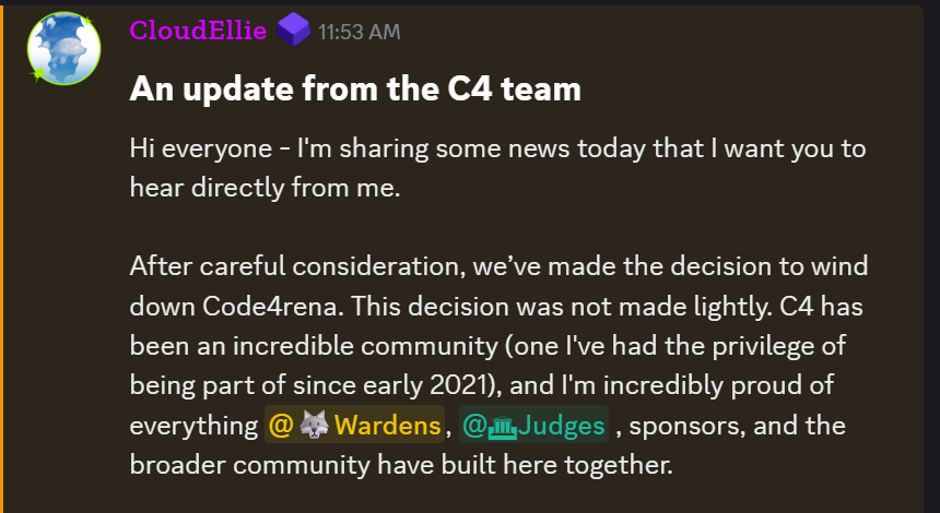 velevvv's tweet photo. The end of Code4rena. This was the place where a lot of normal people become one of the stronges SR in the space.

Sad times. 🫥 https://t.co/I8Q1ZvtpSA