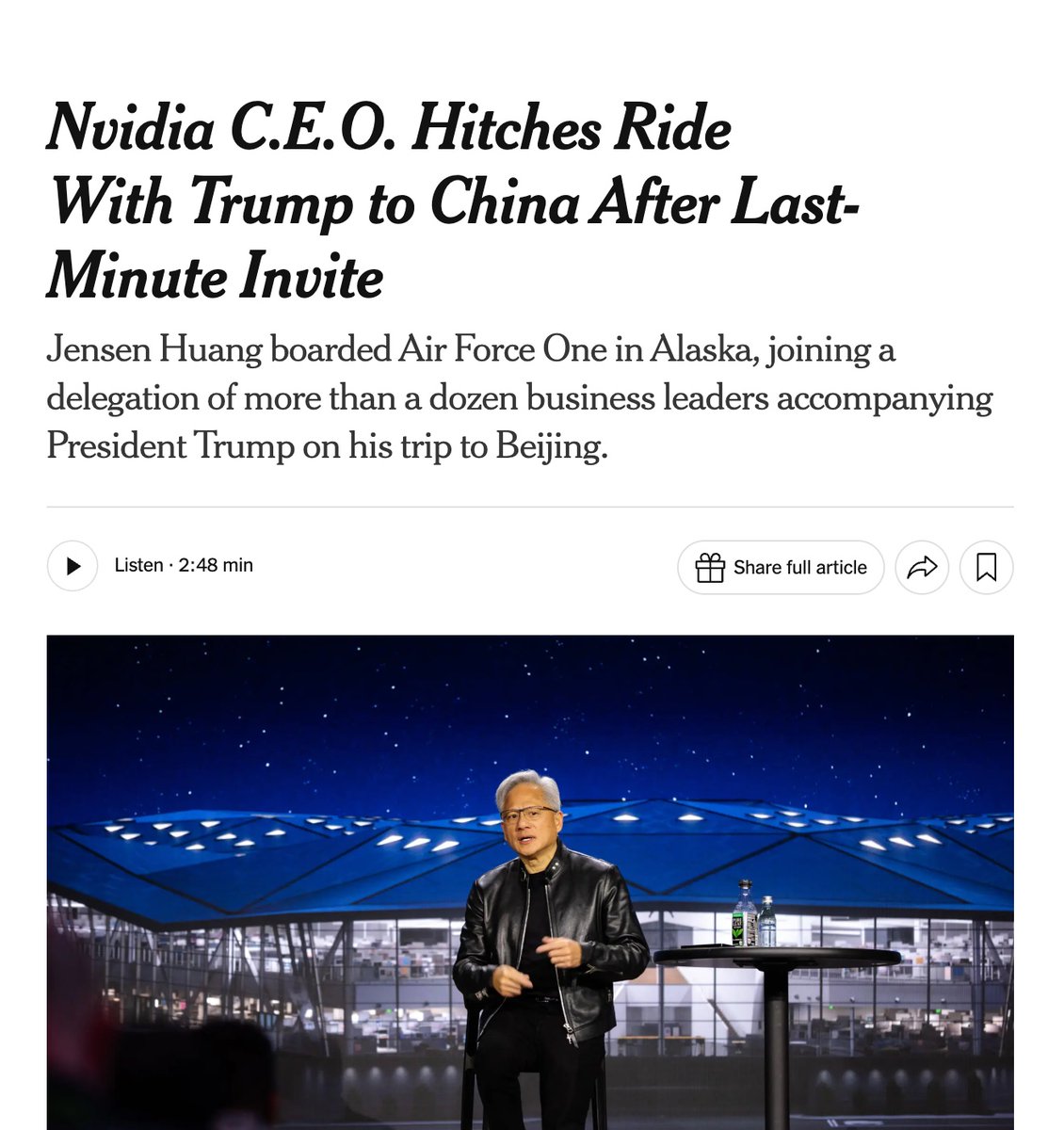 rivetstoke's tweet photo. Jensen Huang, NVDA CEO, joined up with Air Force One in Alaska last night where he joined more than a dozen other business leaders flying with President Trump to Beijing.

Tech's A-list isn't measured in market cap anymore. It's measured in who Trump dials when the jet's moving- https://t.co/2o23PL0aGt