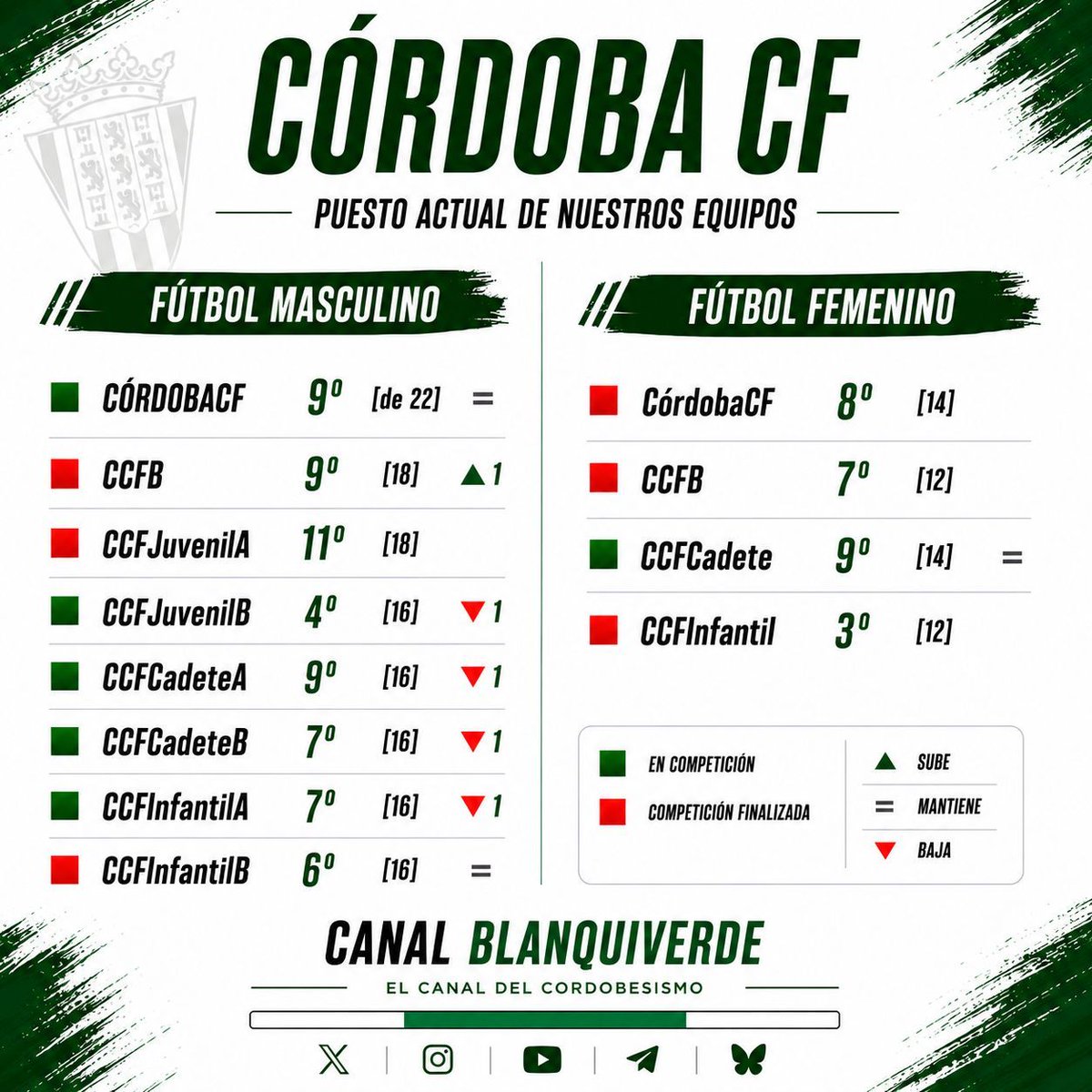 canblanquiverde's tweet photo. 📈 Puestos actuales de los distintos equipos del #CórdobaCF ⤵️

🔳 Competición finalizada para el #CCFB de Diego Tristán 

#futmasc #futfem #canteraCCF https://t.co/zNl1ZsqxcJ