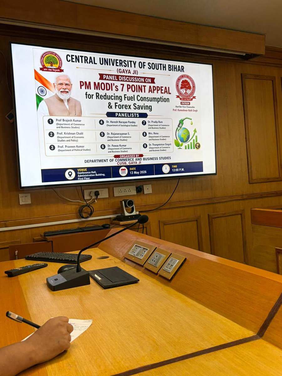 CUSBofficial's tweet photo. Glimpses - Under the chairmanship of #CUSB VC Prof. K. N. Singh, a panel discussion was conducted on Prime Minister Modi's 7 Point Appeal to the nation  for  Reducing Fuel Consumption and Forex Saving. @PMOIndia @dpradhanbjp @rashtrapatibhvn @ugc_india @AIUIndia @EduMinOfIndia https://t.co/vLoqbXiyiE