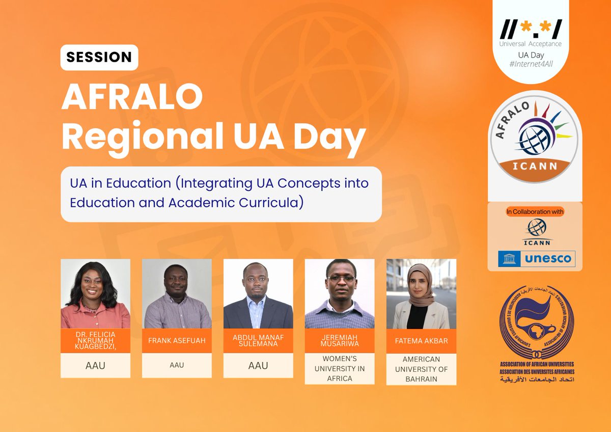 AfricanAtLarge's tweet photo. Join us for #AFRALO #UADay2026 session titled:
“UA in Education: Integrating UA Concepts into Education &amp; Academic Curricula”
Explore how universities can drive #UA #IDNs, &amp; multilingual Internet access via teaching, research &amp; innovation.
Register here: https://t.co/JjDuMjGLyW https://t.co/5BLFnJxRuA