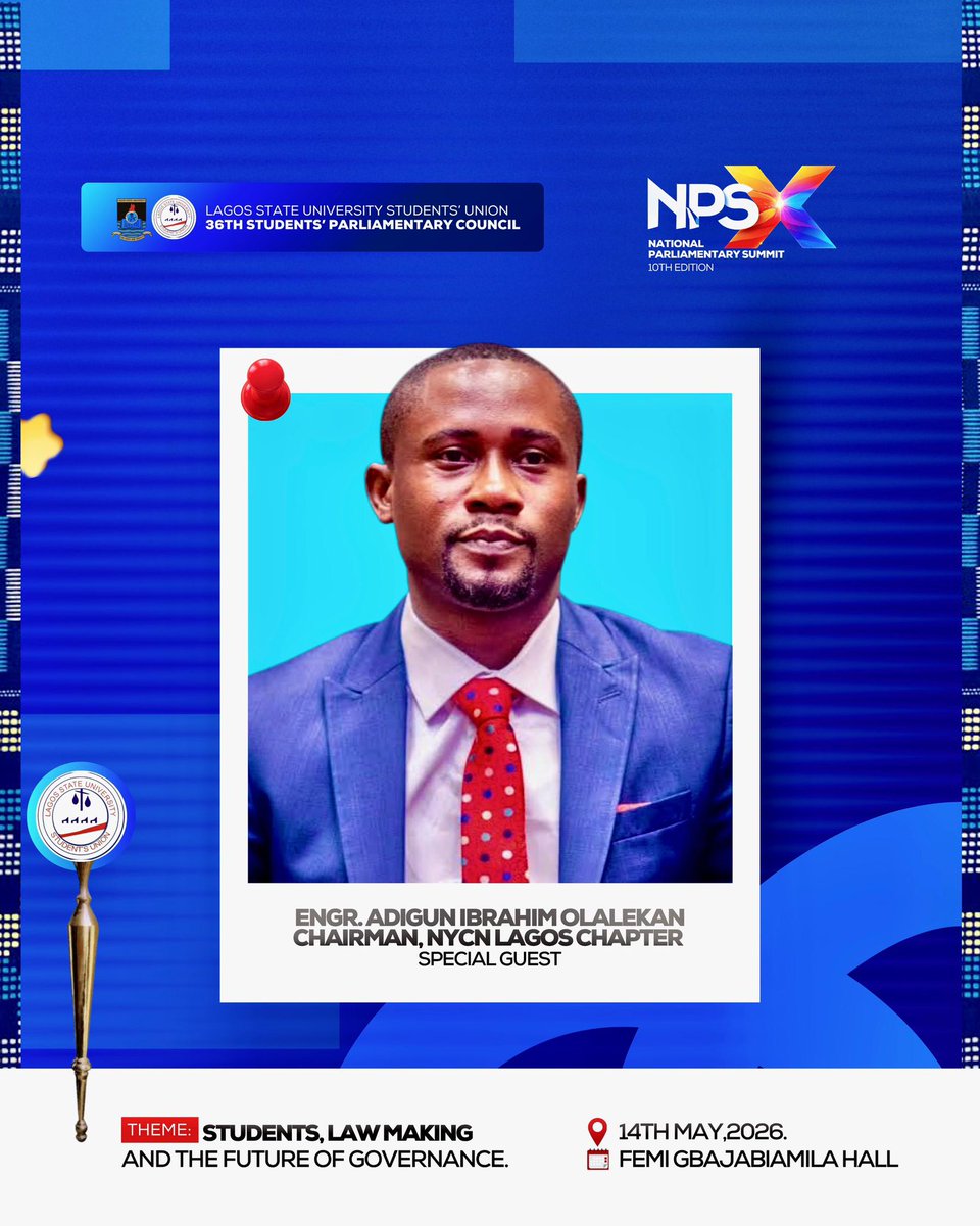 LASUSUSPC's tweet photo. 🔥🔥🔥🔥🔥

We are honoured to unveil Engr. Adigun Ibrahim Olalekan, Chairman, NYCN Lagos State Chapter @NYCNLagos01 , as a Special Guest at the National Parliamentary Summit 10th Edition https://t.co/RhlDJFIGXk
