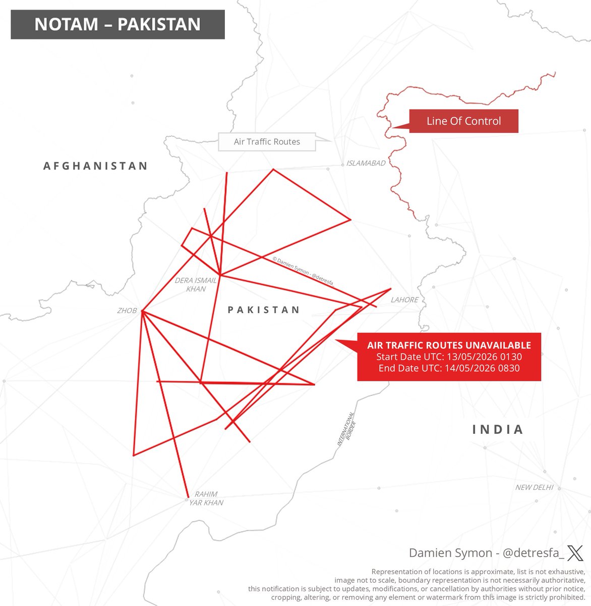 detresfa_'s tweet photo. Pakistan issues a notification restricting multiple air traffic routes through its northern airspace, likely for a weapons test/military exercise 

Date: 13-14 May 2026 https://t.co/WkZWpybU0X