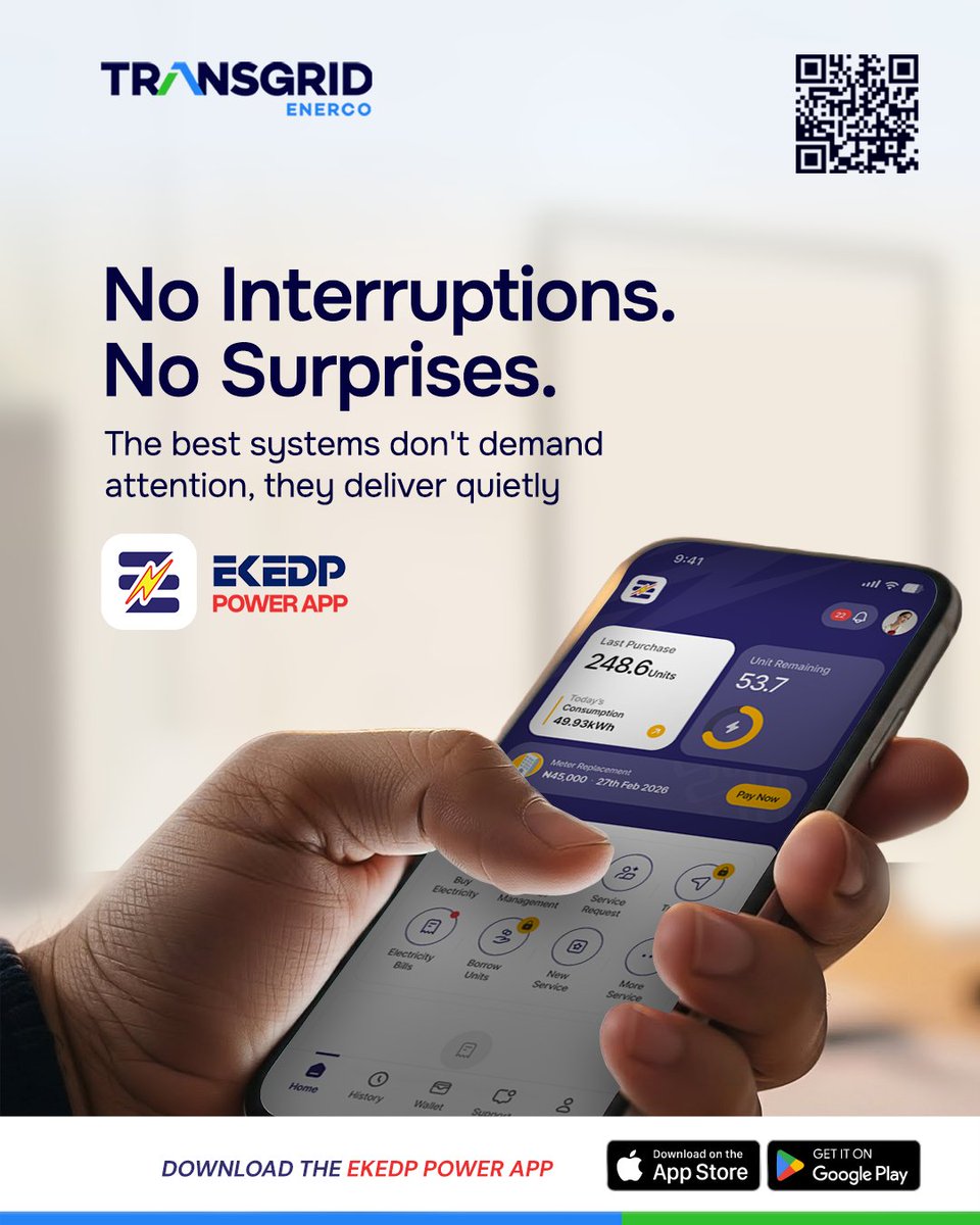TransgridEnerco's tweet photo. You should not have to think about electricity every minute of the day. The best systems work quietly, reliably, and in the background.

The EKEDP Power App is designed to make managing electricity simpler, from instant access to services and payments to real-time visibility and control, all in one place.

Because better systems create a smoother everyday power experience.

Download the EKEDP Power App today.
For more updates and support, follow @EKEDP.

#TransgridEnerco #EKEDPPowerApp #DigitalEnergy