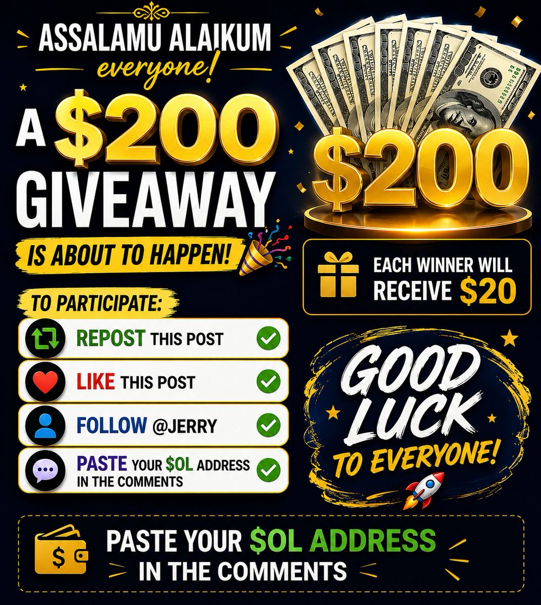 Saftain_ishaq's tweet photo. Hi everyone! 🚀
🎉 A $200 giveaway is live!
💰 Each winner will receive $20
To participate: ✅ Repost this post
❤️ Like this post
👤 Follow @saftain_ishaq and @Jerry_crypton
💬 Comment your $SOL wallet address 
 Don’t miss your chance!
Good luck to everyone! 🔥48 hours https://t.co/UM1jkxCaBY