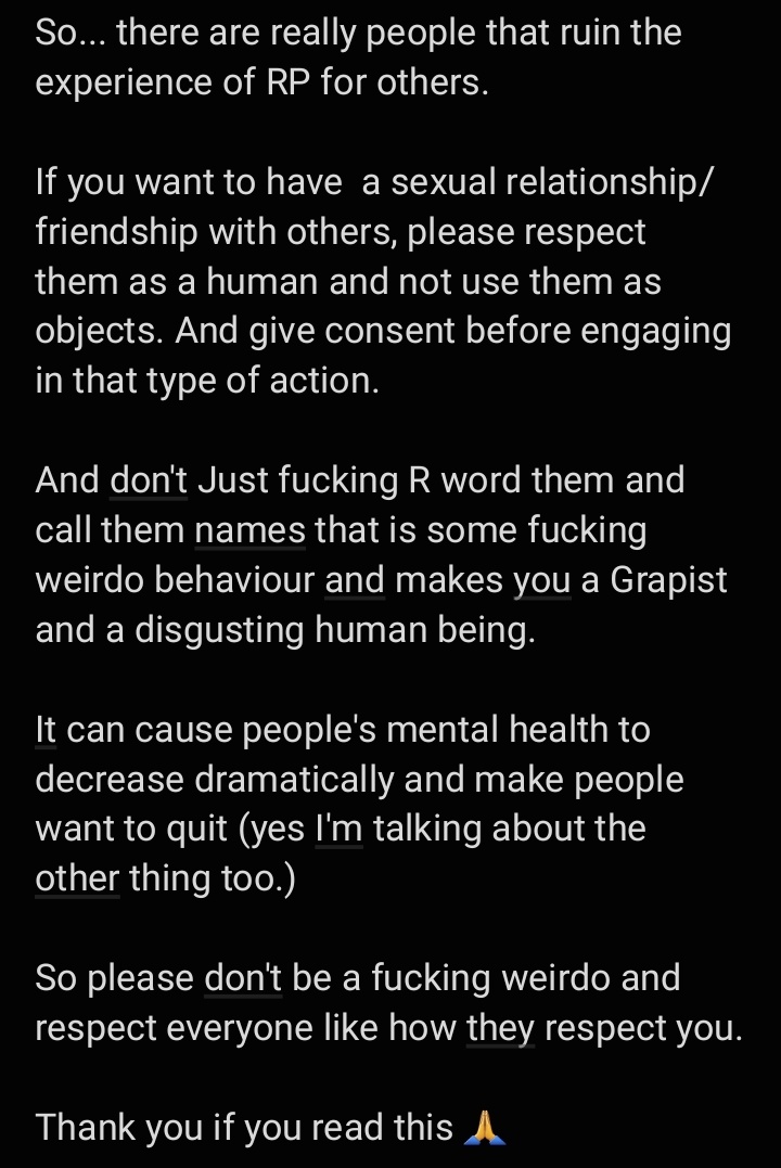 TrueVisionarySR's tweet photo. // please read if you guys have the chance. This is a huge problem in the RP Community 

Thank you 🙏 https://t.co/aE82Mq20RD