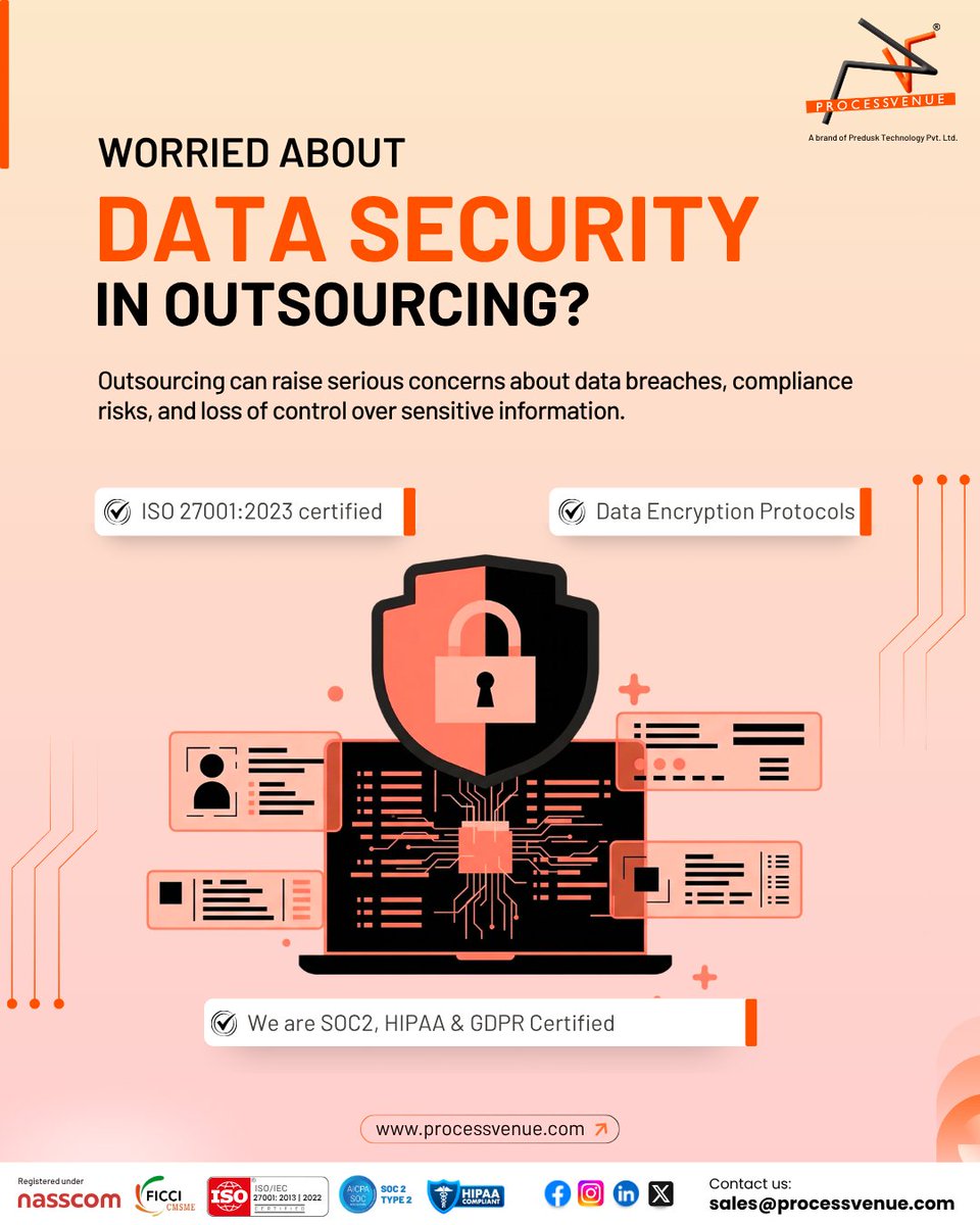 ProcessVenue's tweet photo. Worried about data security in outsourcing?

ProcessVenue supports secure outsourcing with ISO 27001:2023 certification, encryption protocols, and SOC2, HIPAA, and GDPR compliance.

Comment below to know more.

#DataSecurity #Outsourcing #Compliance #ProcessVenue https://t.co/d3NKeQCqLC