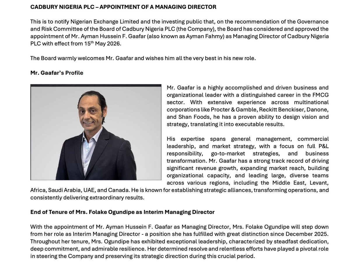 Rufyb's tweet photo. Mr. "Gafaaru", congratulations on your appointment o. Some of us have significant holdings in Cadbury, and we have been patiently waiting for the cookies to be delivered. We wish you the best. 

Ayman Gaafar is a proper FMCG-lifer, with 27+ years deep in the sector. He is a Mechanical Engineer by training from the American University in Cairo, but his entire career has been commercial. 

He did two decades at Procter & Gamble, and folks will argue that they are the gold standard for grooming FMCG commercial talent globally. At P&G, he held roles across the Middle East, Europe, North America, and Africa.

He later rose to Vice President of Sales (a salesman, I am seeing?) for the Arabian Peninsula & Pakistan (a big deal sorta because that particular region is considered an important one for P&G, hence, they don't just send anyone there). 

From P&G he moved to Al Safi Danone as SVP. He later went to Reckitt Benckiser as General Manager for Developing Markets across Africa and the Middle East (okay, okay, I see someone with exposure to African markets, doing commercial operations). 

So my sense is that "Gafaaru" should be able to execute, relying on his P&G foundation (P&G is known for producing executives who are rigorous about data and go-to-market discipline). Two decades there should mean something. 

I see that "Gafaaru's" career has been almost entirely in "difficult" or "developing" markets (Middle East, Pakistan, Africa). These are markets where brand strength is not enough to rely on; you have to navigate currency volatility, supply chain complexity, regulatory uncertainty, and price-sensitive consumers. 

Career progression across top companies like P&G, Reckitt Benckiser, and Danone tells me that "Gafaaru" might have some stuff in him. 

So what do I expect from "Gafaaru"? 

Given his background, I'd expect him to focus on a few things... Route-to-market optimisation is likely priority one. I would need him to attack this head-on. 

Margin discipline across the value chain is another likely focus area. He will probably also look at the product portfolio. I mean, Cadbury Nigeria has strong brands (Bournvita, Tom Tom, Buttermint.. they tried to launch biscuits but it failed miserably), but the question is whether the portfolio mix is optimised for the current Nigerian consumer environment.

(By the way, I once tweeted something about Cadbury here: https://t.co/F2xDyRPc5U) 

I think it's a good appointment. His profile seems solid for this role. We'd see.