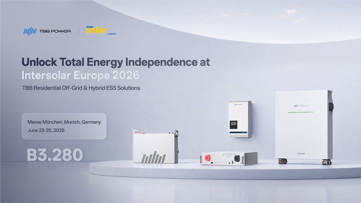 tbbpowerenergy's tweet photo. TBB will be at Intersolar Europe in 6 weeks.
Meet us at Booth B3.280 in Munich.
⚡Hybrid &amp; off-grid ESS helping European homes gain energy independence, maximize solar use, and reduce electricity costs.
#IntersolarEurope https://t.co/5LkLHRFwzt