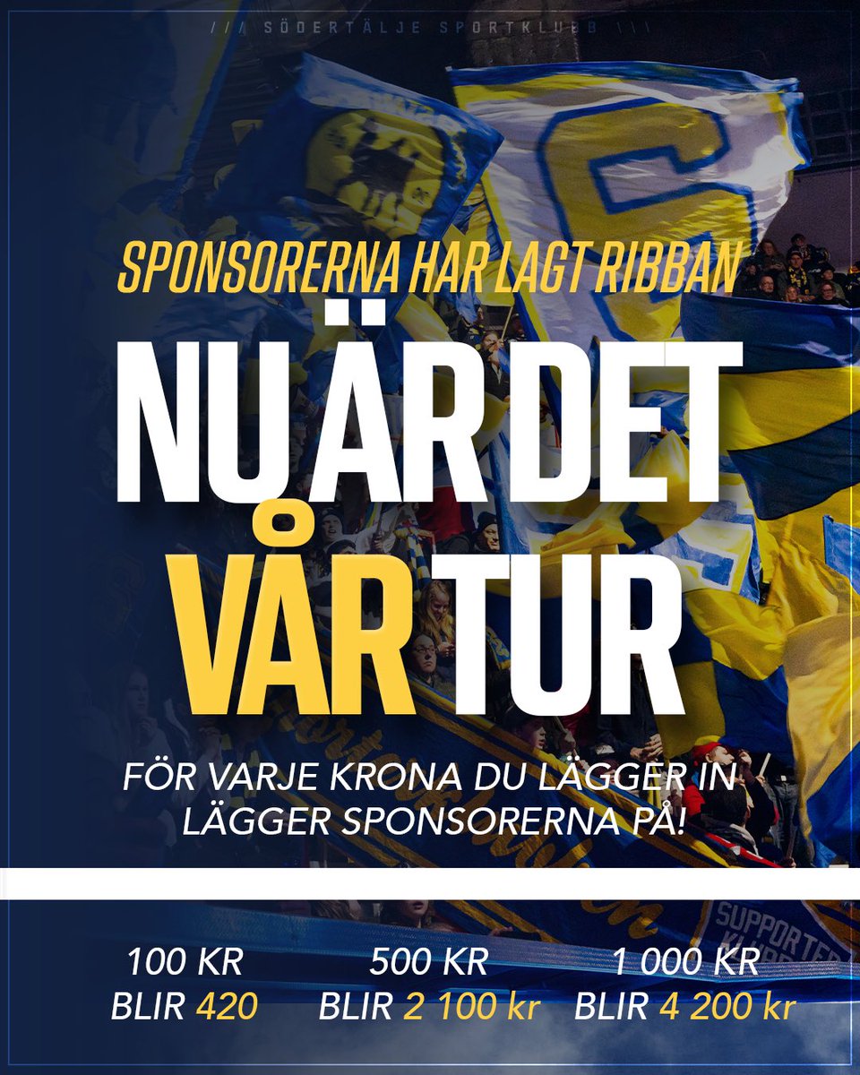 SodertaljeSK's tweet photo. För varje krona supportrarna samlar in lägger företagspartnerna på 3,2x extra - pengar som går direkt till att stärka spelartruppen.

Det här är ett supporterinitiativ där kraften runt SSK gör skillnad tillsammans.

➡️ https://t.co/KXV6EnNf7m https://t.co/y7bcKBmPIE