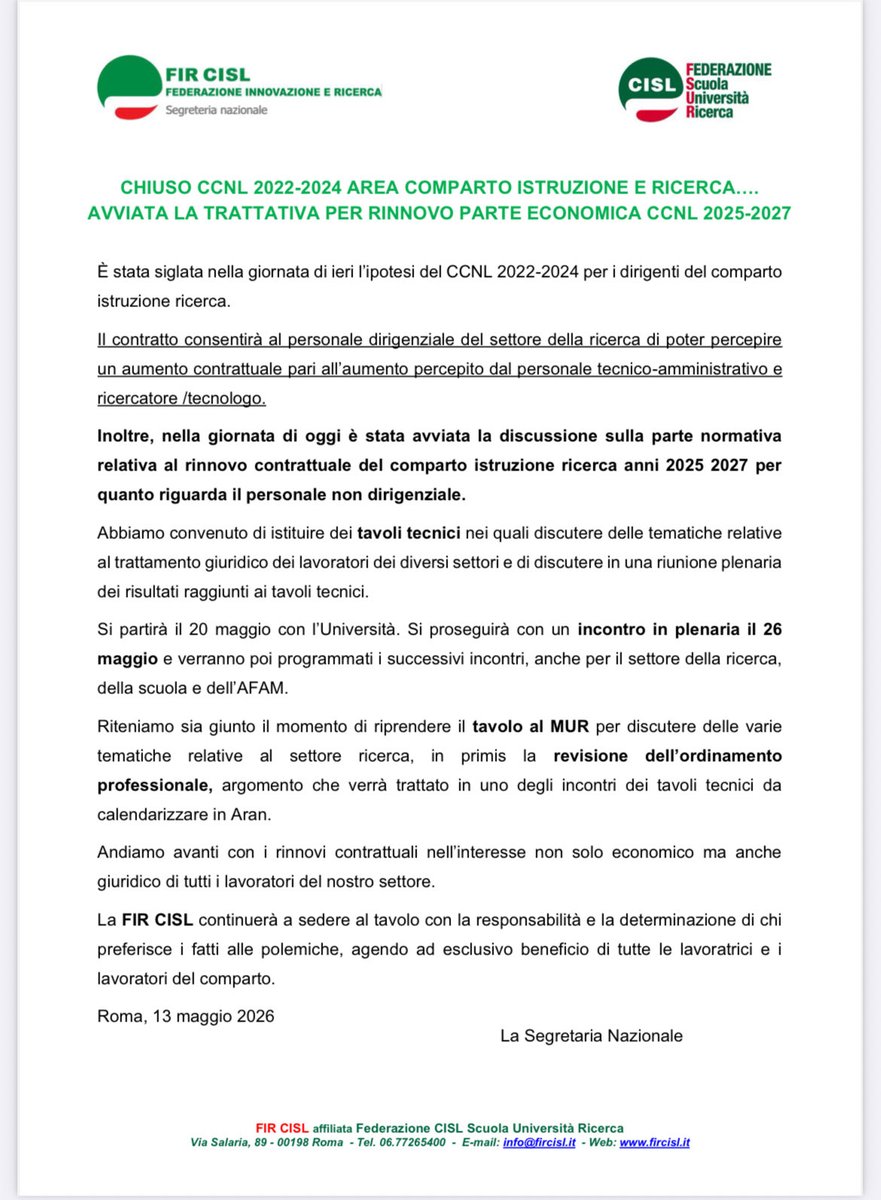 fircisl's tweet photo. 📣CHIUSO CCNL 2022-2024 AREA COMPARTO ISTRUZIONE E RICERCA….
AVVIATA LA TRATTATIVA PER RINNOVO PARTE ECONOMICA CCNL 2025-2027 @aran_agenzia #fsur https://t.co/mOApW8Lves