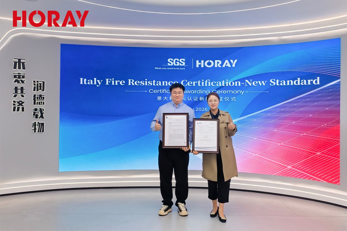 HoraySolar's tweet photo. 🌞 Horay Solar milestone in Europe!
Our 2.0+2.0 dual-glass modules obtained EN 13501-1 &amp; EN 13501-5 fire safety certifications under the latest Italian standard. 🏆
Among the first PV companies meeting new rooftop fire safety requirements. 
 #Solar #EN13501 #FireSafety #DualGlass https://t.co/Zq7GZUs2BC