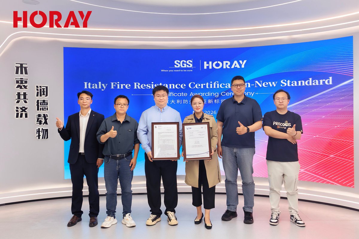 HoraySolar's tweet photo. 🌞 Horay Solar milestone in Europe!
Our 2.0+2.0 dual-glass modules obtained EN 13501-1 &amp; EN 13501-5 fire safety certifications under the latest Italian standard. 🏆
Among the first PV companies meeting new rooftop fire safety requirements. 
 #Solar #EN13501 #FireSafety #DualGlass https://t.co/Zq7GZUs2BC
