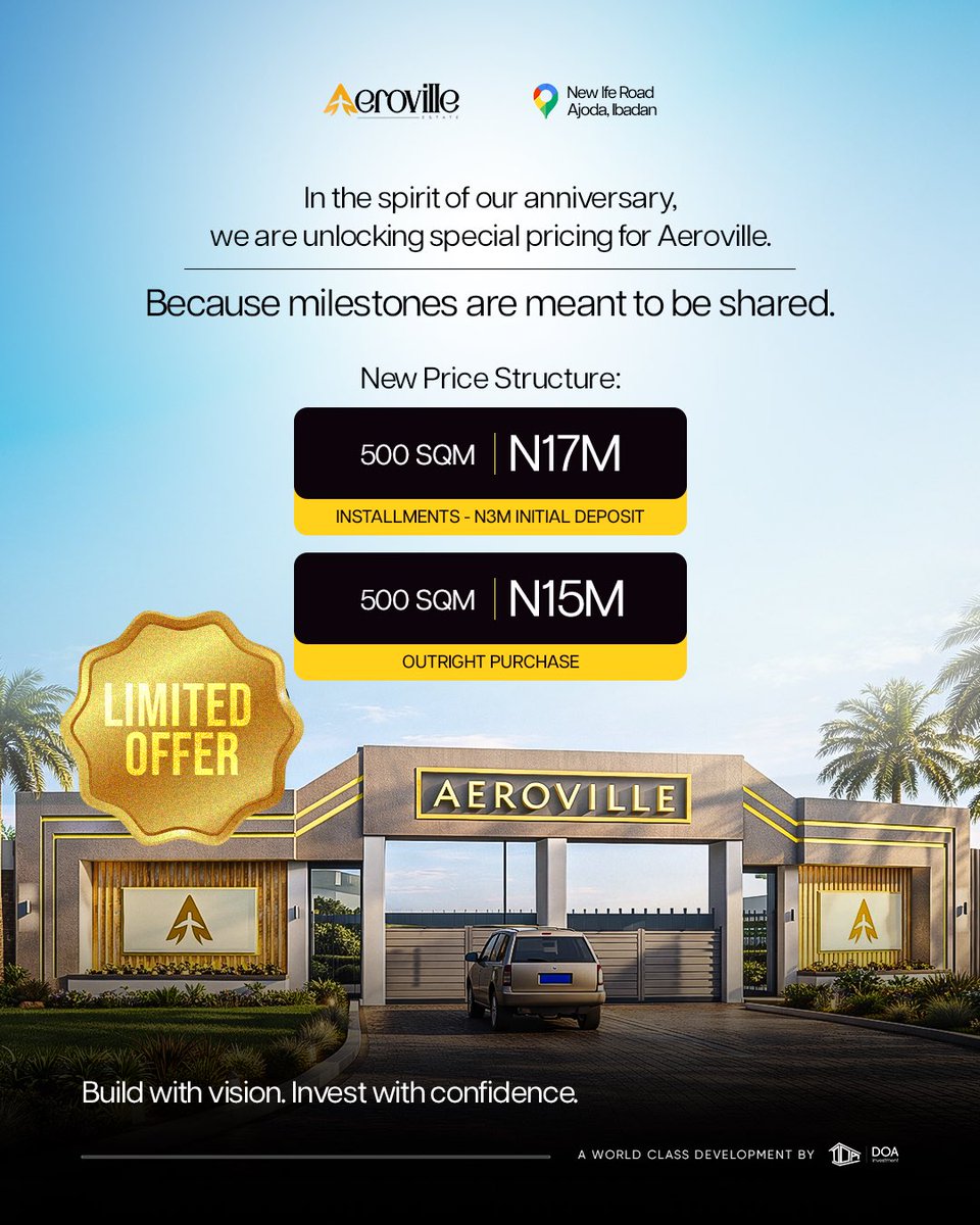 DOA_RealEstate's tweet photo. You do not need to have all the money before you start owning real estate.

With just ₦3M initial deposit, you can secure a plot at Aeroville today and spread the balance conveniently.

And if you prefer outright payment?
Enjoy the special anniversary price of ₦15M.
DM now. https://t.co/tcGEFrRBUU