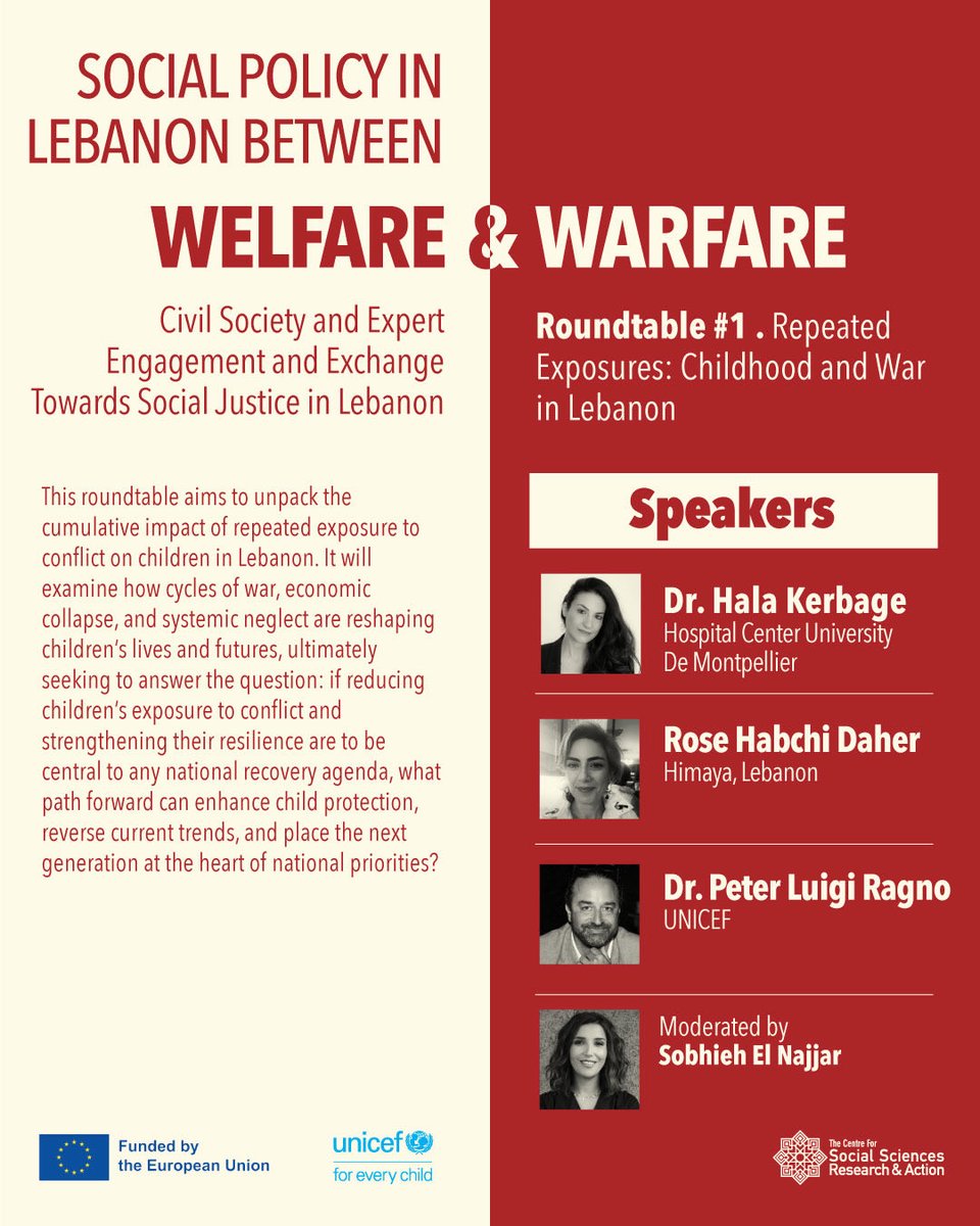 TheCeSSRA's tweet photo. Meet the speakers of Roundtable #1: “Repeated Exposures: Childhood and War in Lebanon”
Featuring:
Dr. Hala Kerbage 
Rose Habchi Daher 
Dr. Peter Luigi Ragno
Moderated by Sobhiya Najjar.
A discussion on childhood, war, and social policy in Lebanon.
Date: 20 May 2026 https://t.co/MOjuehPOte