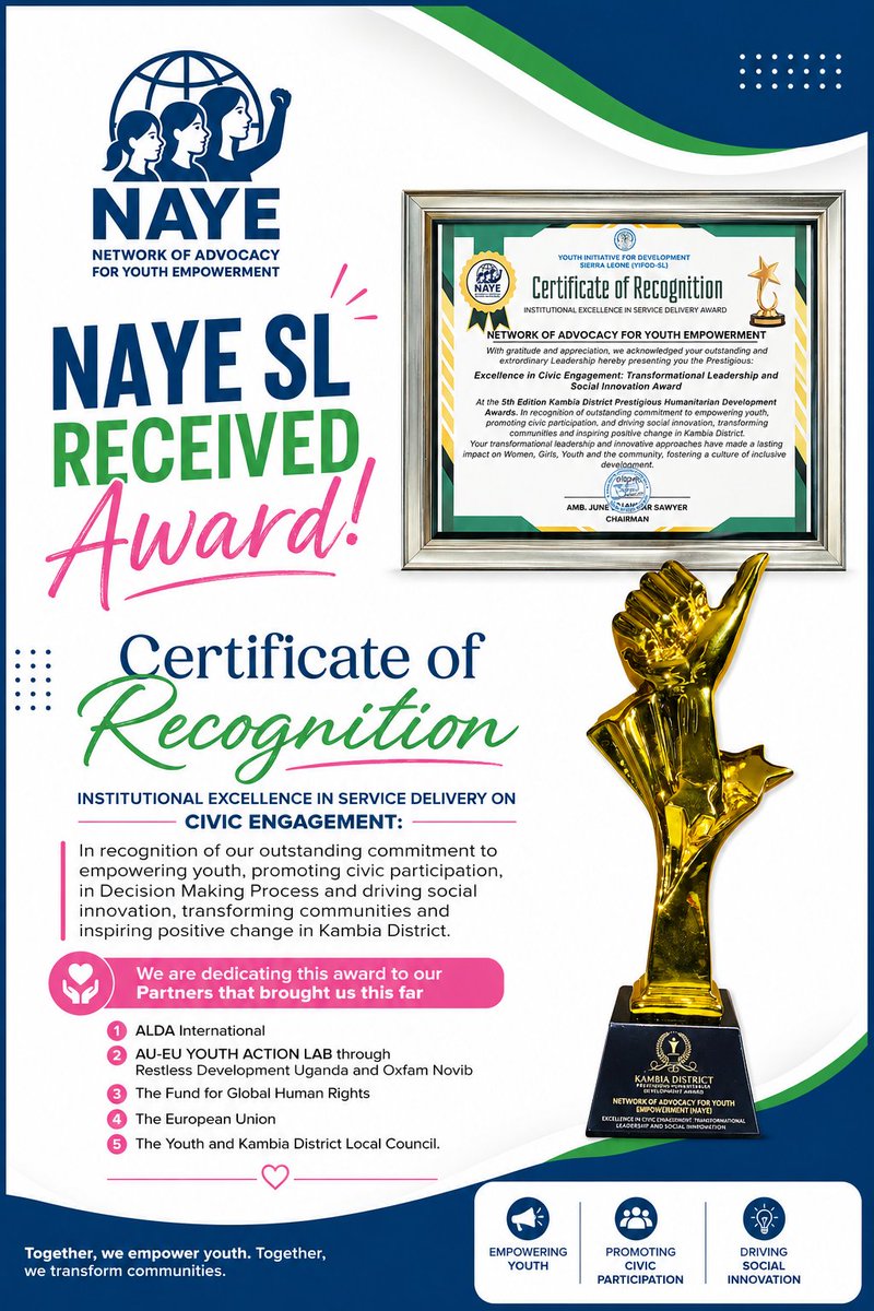 NetworkOf89569's tweet photo. *NAYE SL RECEIVED AWARD*
Certificate of Recognition
INSTITUTIONAL EXCELLENCE IN SERVICE DELIVERY ON CIVIC ENGAGEMENT:  
@AUEUYouthLab 
@aueuyouthvoices 
@FundHumanRights 
@Restless_Uganda 
@oxfamnovib 
@GlobalYouthNet3 
@MoiceComm https://t.co/VxUniYeqij