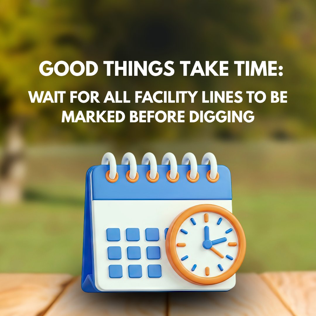 NE1Call's tweet photo. Utility companies have varying service areas and workloads, so sometimes facilities will get marked at different times. Once you submit your locate request, allow time for all lines to be marked before you dig, and don’t dig before you’re sure ALL lines have been marked. https://t.co/CM6krxNK40