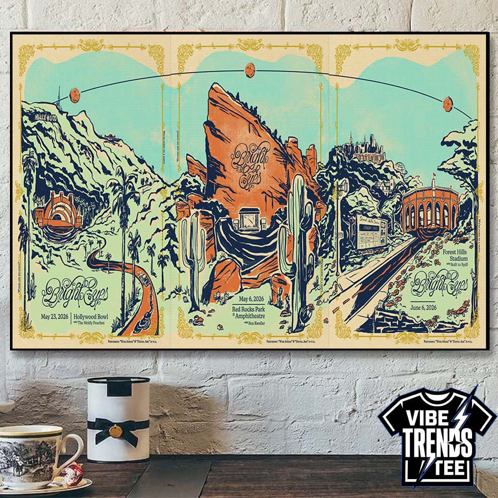 vibetrendstee's tweet photo. Bright Eyes is celebrating! 🎸✨ The 2026 Anniversary shows are coming to Red Rocks, Hollywood Bowl, and Forest Hills. Commemorate these legendary nights with our exclusive poster and apparel collection. Thread below! 👇

#BrightEyes #AnniversaryTour #IndieRock https://t.co/So9HFFLm69