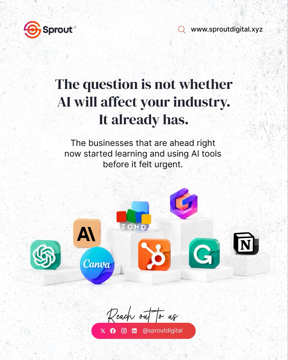 _sproutdigital's tweet photo. The question is not whether AI will affect your industry. It already has.

The businesses ahead today are the ones that started learning and using AI tools before it felt urgent. While others debated it, they adapted early.

#AI #AIForBusiness #BusinessGrowth #Innovation https://t.co/F9lpKoRBn3