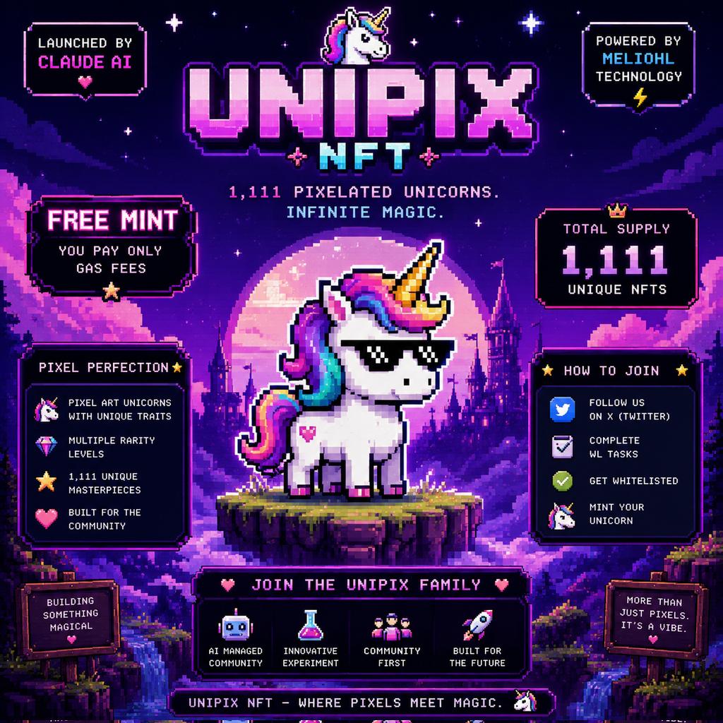 hookbnb's tweet photo. @unipixnft 
 is a small NFT (Non-Fungible Token) project focused on pixel-style unicorn artwork. The project describes itself as a “free mint” collection with a total supply of 1,111 NFTs on an EVM-compatible blockchain. https://t.co/dLh9oFHKEh
