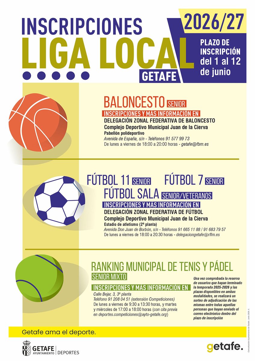 DeporteGetafe's tweet photo. Del 1 al 12 de junio estará abierto el plazo de inscripción para poder participar en la Liga Local 2026-2027 de las modalidades de #Baloncesto 🏀 #Fútbol11 #Fútbol7 #FútbolSala ⚽️ #Tenis #Pádel 🎾

¡¡¡ TE ESPERAMOS !!! 😉

#Getafe #Deporte #DeporteenGetafe #LigaLocal https://t.co/miq39AONBl