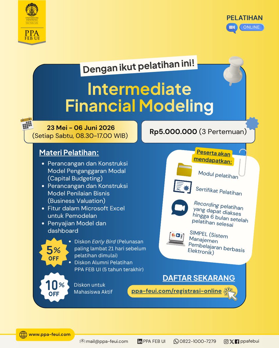 ppafebui's tweet photo. Nah dengan ikut pelatihan yang satu ini! 💻Intermediate Financial Modeling

Daftar melalui https://t.co/TsKiegZ4ry! https://t.co/dAwMeItNYf