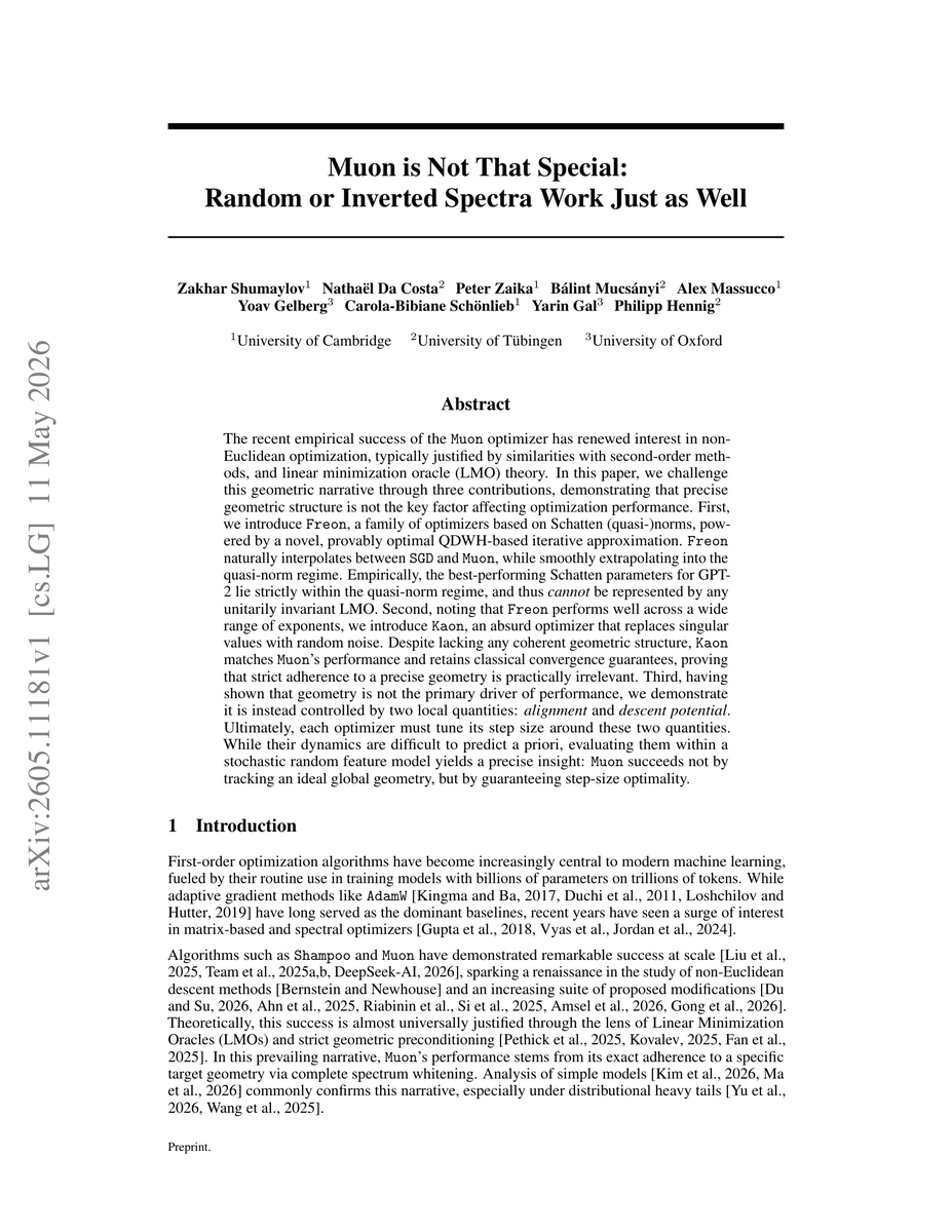 rosinality's tweet photo. Even replacing singular values with random noise works in optimization. After considering Schatten norm updates that interpolate between SGD and Muon, we could push it further towards the quasi-norm regime. And interestingly it works.

The main point here is that the geometrical explanation maybe does not work.

Instead it is possible to think about the trade-off between alignment of gradients and potential of descent. If we sacrifice a bit of alignment but gain a large amount of descent with a proper learning rate it leads to acceleration.