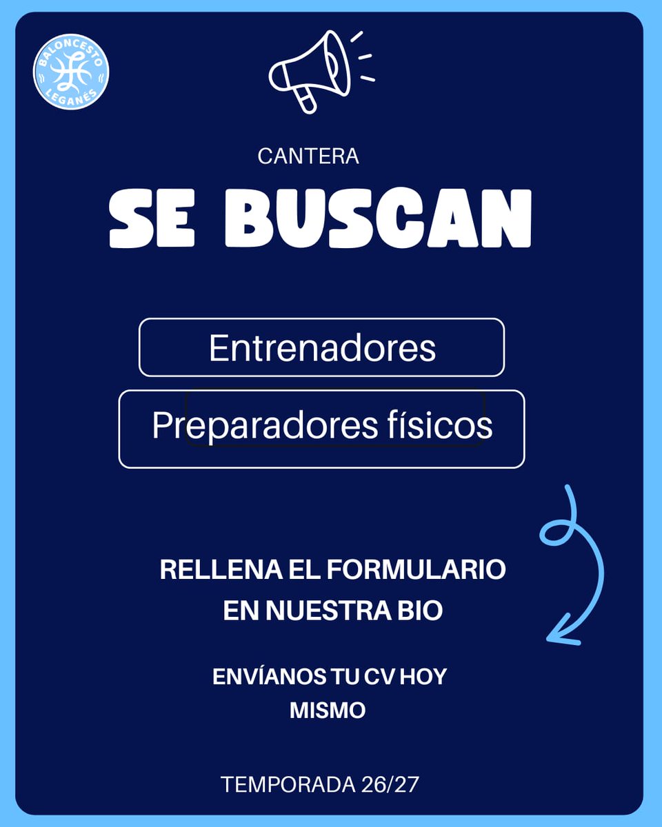 basketleganes's tweet photo. 🏀💙 ¡Buscamos personas que quieran crecer con nosotros!

Seguimos construyendo el futuro… y queremos que formes parte de él 🙌🏼

Abrimos proceso para incorporar:
🏀 Entrenadores
💪 Preparadores físicos 

Mándanos tu CV 👇🏼
https://t.co/jtBd6bMTtf https://t.co/vDcNPRc8M3