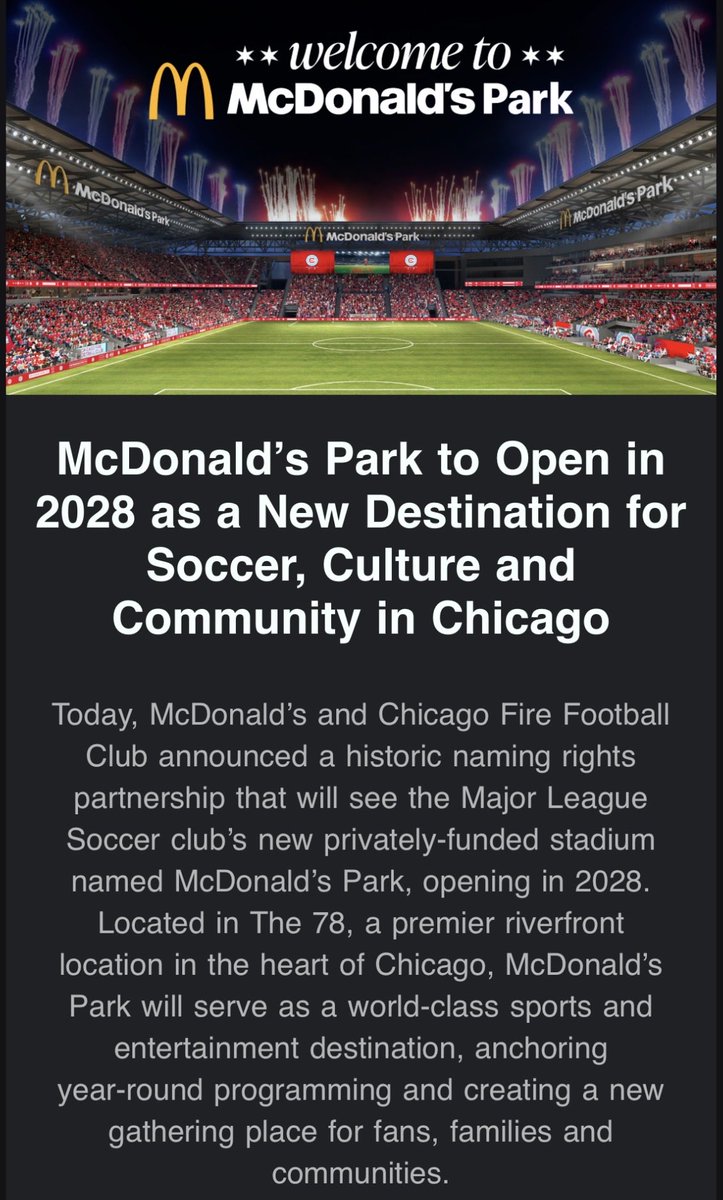 BuildingUpCHI's tweet photo. So, Chicago Fire’s new stadium will be known has McDonalds Park https://t.co/yaB5YNXGyk