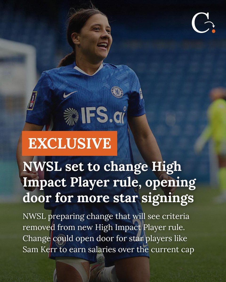 The_Cutback's tweet photo. The NWSL is set to amend its new High Impact Player (HIP) rule and remove the criteria that players had to meet in order to be signed on special contracts that were $1-million over the league salary cap, The Cutback can reveal. 

The change would open the door for star players like Sam Kerr to earn salaries over the current cap.

Kerr has been heavily linked with a move to the NWSL when her contract with Chelsea expires at the end of the season. 

https://t.co/z8W4g9Pn09