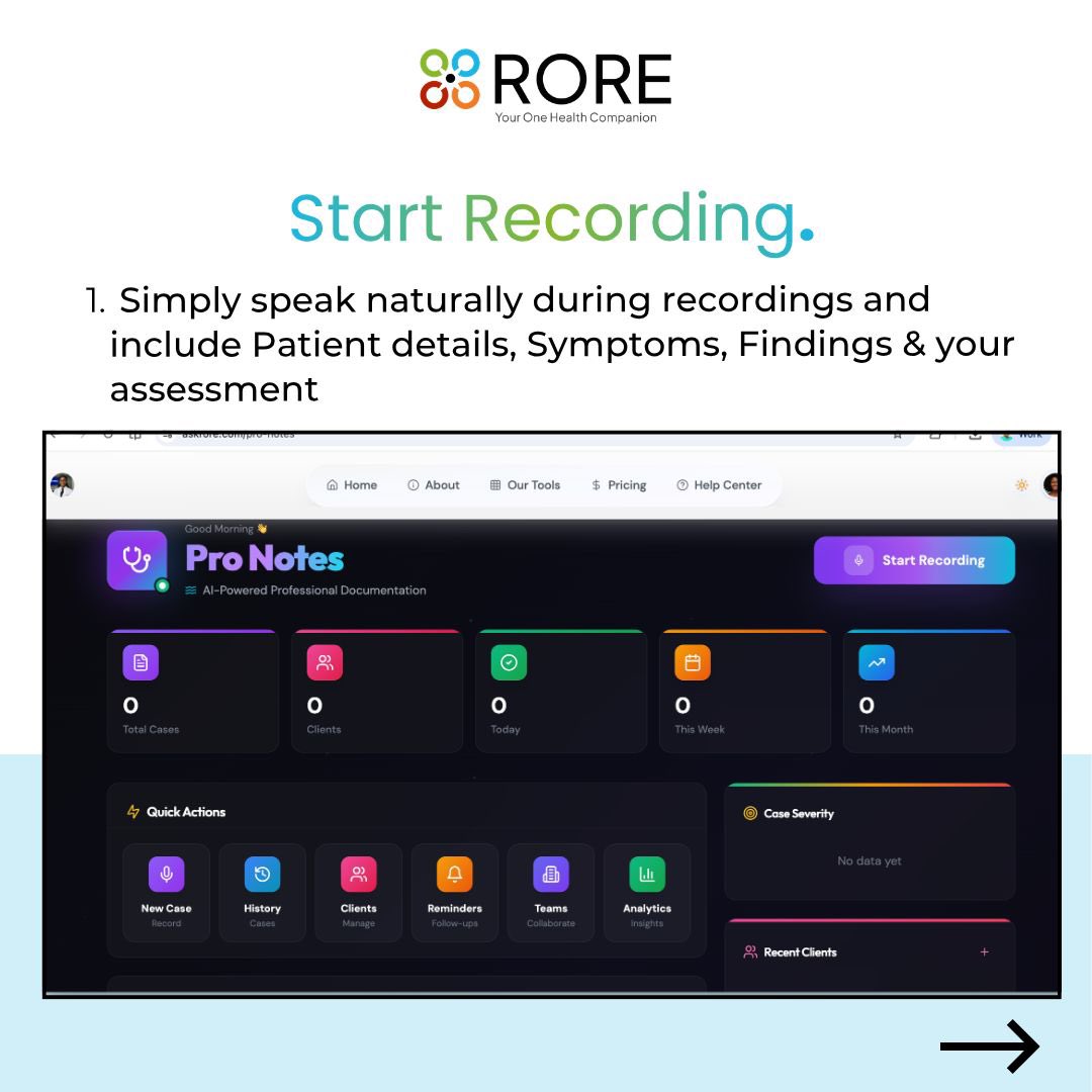 askrore's tweet photo. Still documenting cases the long way? 
RORE’s Pro Notes &amp; Documentation Tool helps healthcare professionals record, organize &amp; structure case notes using AI. Track histories, reminders, teams, clients &amp; analytics in one place. Try it free: https://t.co/EjEaLsICXG
 code RORE14FREE https://t.co/npPCtx7Ruv