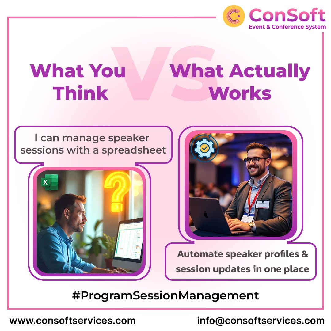 consoftservices's tweet photo. What You Think vs. What Actually Works

I can manage speaker sessions with a spreadsheet Automate speaker profiles &amp; session updates effortlessly with Consoft! Ditch the manual work—streamline speaker management with smart automation.

https://t.co/mFLfCjtNU9
#Consoftservices https://t.co/yckK1aic8E