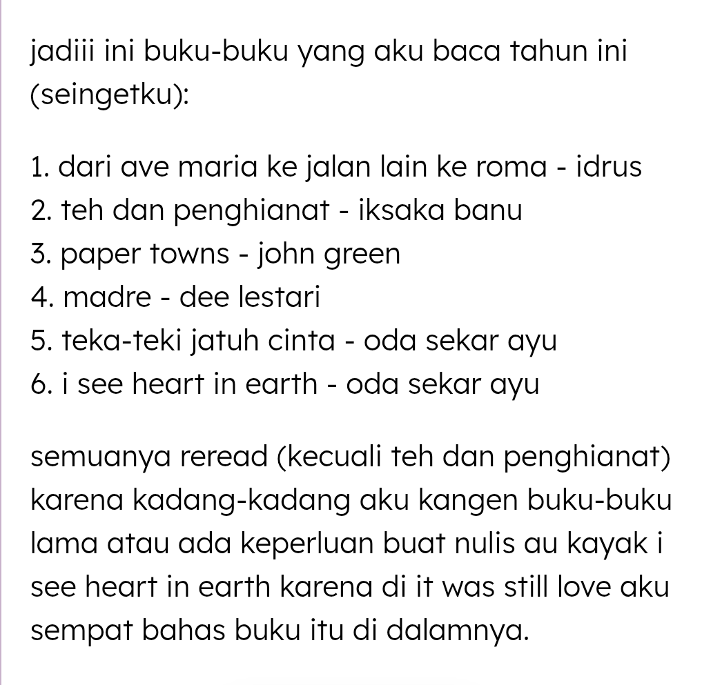 ssunberries's tweet photo. #beyyapping Kak ini mungkin diluar minwon tapiiii aku merhatiin narasi tulisan kamu bagus banget dan kamu salah satu orang yang bikin n… — sayangkuuu makasih yaa udah suka... aku senang kalau bisa menghibur kamu... 🤗
kalau list buku yang udah aku baca… https://t.co/hSv8Iv5jPY https://t.co/Gs9JekIPN8