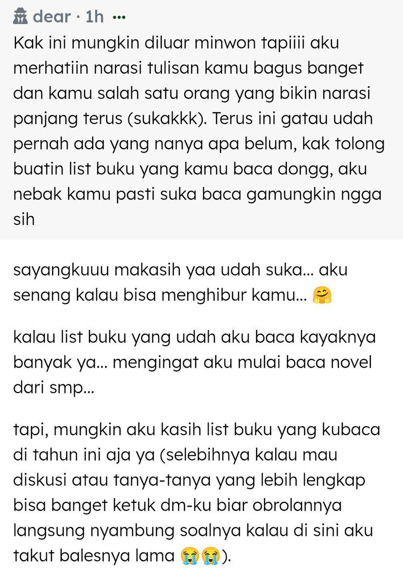 ssunberries's tweet photo. #beyyapping Kak ini mungkin diluar minwon tapiiii aku merhatiin narasi tulisan kamu bagus banget dan kamu salah satu orang yang bikin n… — sayangkuuu makasih yaa udah suka... aku senang kalau bisa menghibur kamu... 🤗
kalau list buku yang udah aku baca… https://t.co/hSv8Iv5jPY https://t.co/Gs9JekIPN8