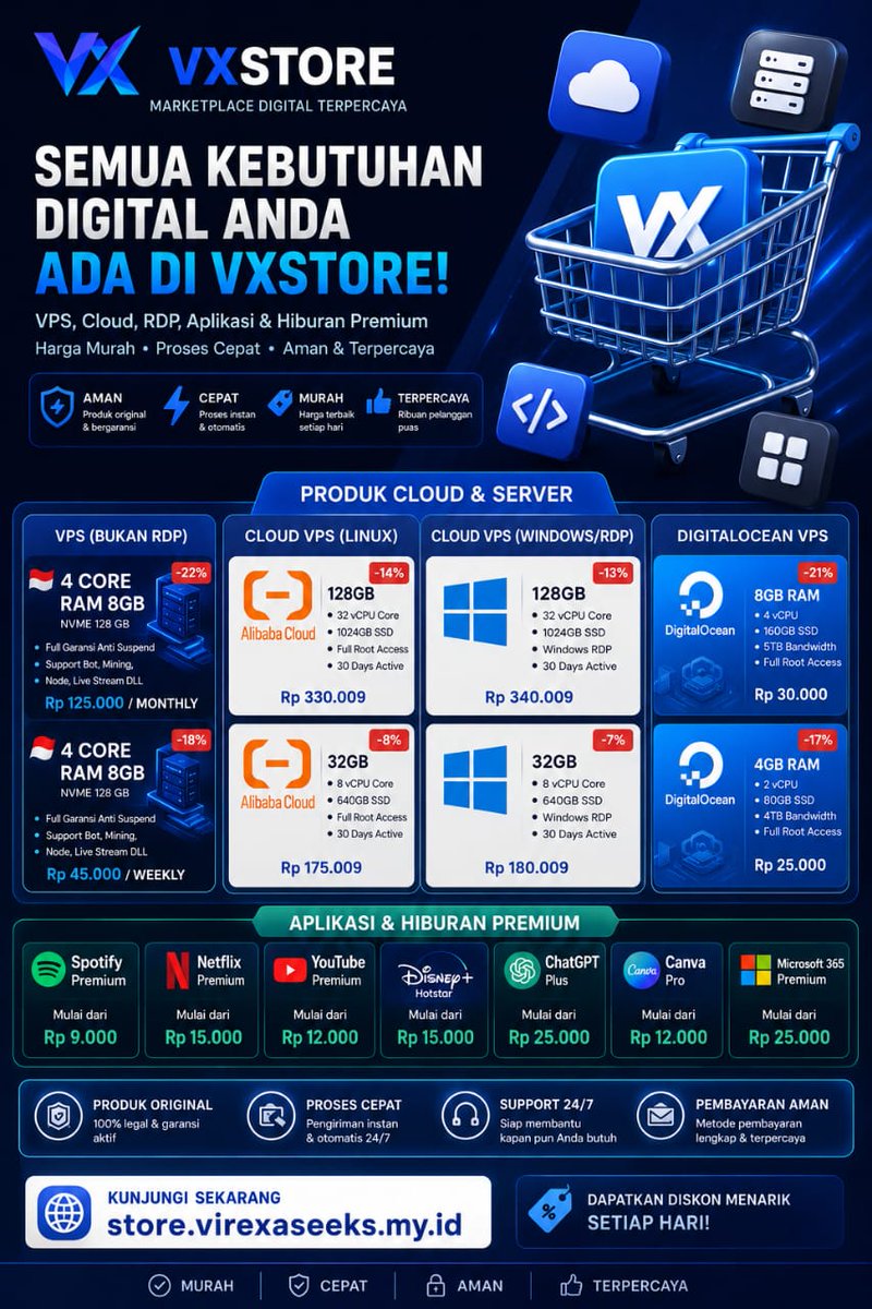 SofiyaMin93's tweet photo. Guys yang cari apk prem bisa kunjungi website di sini ya https://t.co/ABNHDCB3xq
🚀 Semua kebutuhan digital ada di satu tempat!
Mulai dari VPS, Cloud, RDP, hingga aplikasi premium dengan harga murah, proses cepat, aman &amp; terpercaya hanya di VXSTORE! 💙
#zonauangㅤ #netflixprem https://t.co/515UF2F95F