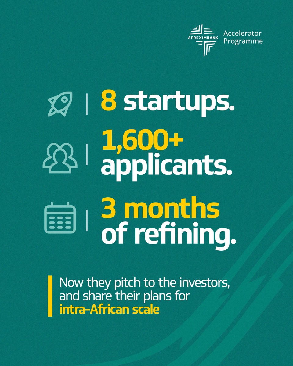 afreximbank's tweet photo. Africa’s next generation of innovators is shaping the future of trade, finance, logistics, and digital commerce.

Following a successful first cohort, the Afreximbank Accelerator Programme returns with Demo Day 2026 in Nairobi, Kenya, bringing together founders, investors, corporate leaders, policymakers, and ecosystem stakeholders for an afternoon of innovation, collaboration, and growth.

After months of mentorship and venture development, eight high-potential African startups will showcase solutions driving economic transformation across the continent.

Featuring: https://t.co/pdYnmfXwfk • @OnePort365 •  @usetimon • @zowasel • @GebeyaInc • @fluna_africa • @GetCapsa •  @dabafinance @dabafinancefr 

Nairobi, Kenya | 20 May 2026
Seats are limited. Register now to join us: https://t.co/KIKZThbTYL

#Afreximbank #AfreximbankAccelerator #DemoDay2026 #AfricanInnovation #FutureOfTrade
