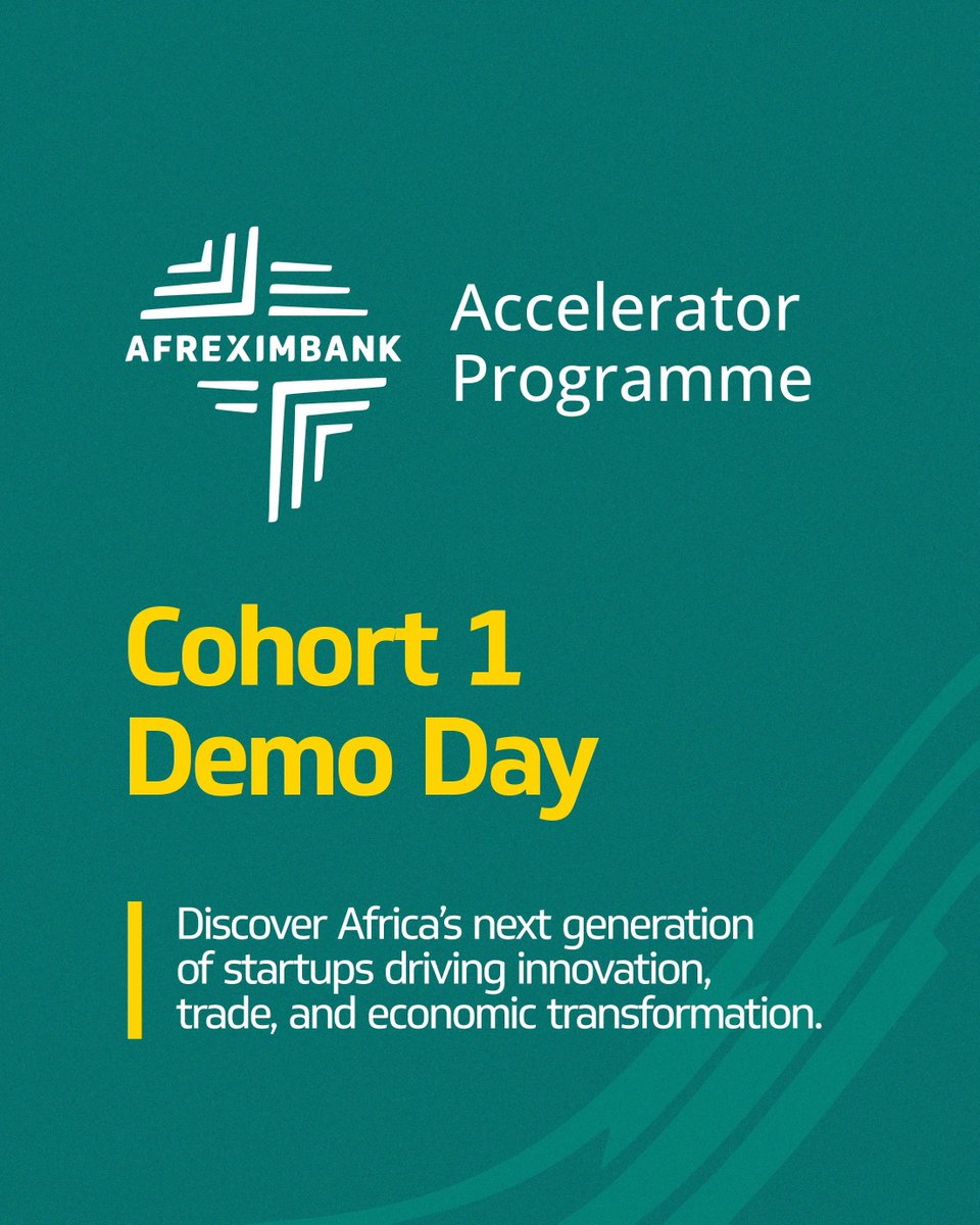 afreximbank's tweet photo. Africa’s next generation of innovators is shaping the future of trade, finance, logistics, and digital commerce.

Following a successful first cohort, the Afreximbank Accelerator Programme returns with Demo Day 2026 in Nairobi, Kenya, bringing together founders, investors, corporate leaders, policymakers, and ecosystem stakeholders for an afternoon of innovation, collaboration, and growth.

After months of mentorship and venture development, eight high-potential African startups will showcase solutions driving economic transformation across the continent.

Featuring: https://t.co/pdYnmfXwfk • @OnePort365 •  @usetimon • @zowasel • @GebeyaInc • @fluna_africa • @GetCapsa •  @dabafinance @dabafinancefr 

Nairobi, Kenya | 20 May 2026
Seats are limited. Register now to join us: https://t.co/KIKZThbTYL

#Afreximbank #AfreximbankAccelerator #DemoDay2026 #AfricanInnovation #FutureOfTrade