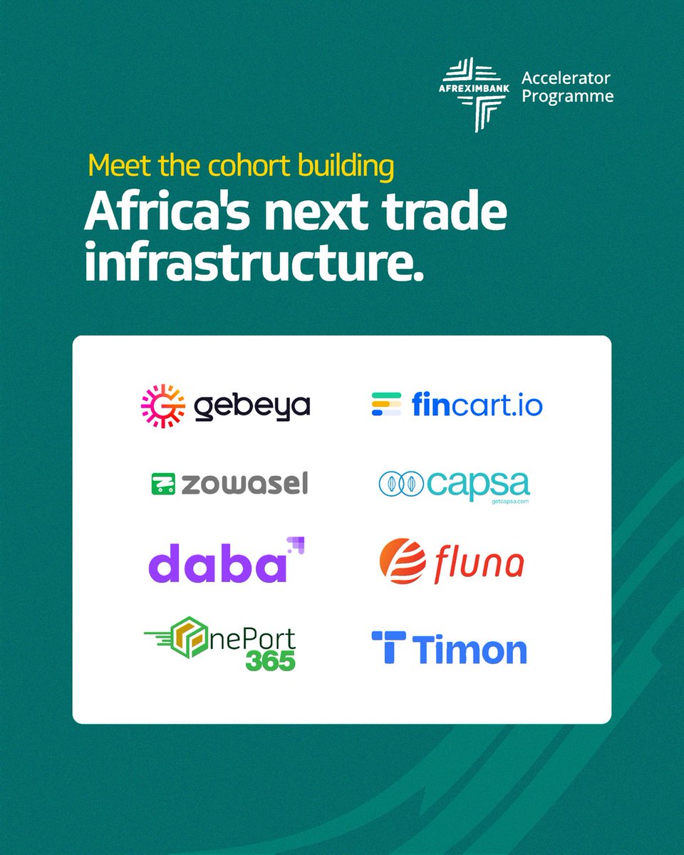 afreximbank's tweet photo. Africa’s next generation of innovators is shaping the future of trade, finance, logistics, and digital commerce.

Following a successful first cohort, the Afreximbank Accelerator Programme returns with Demo Day 2026 in Nairobi, Kenya, bringing together founders, investors, corporate leaders, policymakers, and ecosystem stakeholders for an afternoon of innovation, collaboration, and growth.

After months of mentorship and venture development, eight high-potential African startups will showcase solutions driving economic transformation across the continent.

Featuring: https://t.co/pdYnmfXwfk • @OnePort365 •  @usetimon • @zowasel • @GebeyaInc • @fluna_africa • @GetCapsa •  @dabafinance @dabafinancefr 

Nairobi, Kenya | 20 May 2026
Seats are limited. Register now to join us: https://t.co/KIKZThbTYL

#Afreximbank #AfreximbankAccelerator #DemoDay2026 #AfricanInnovation #FutureOfTrade
