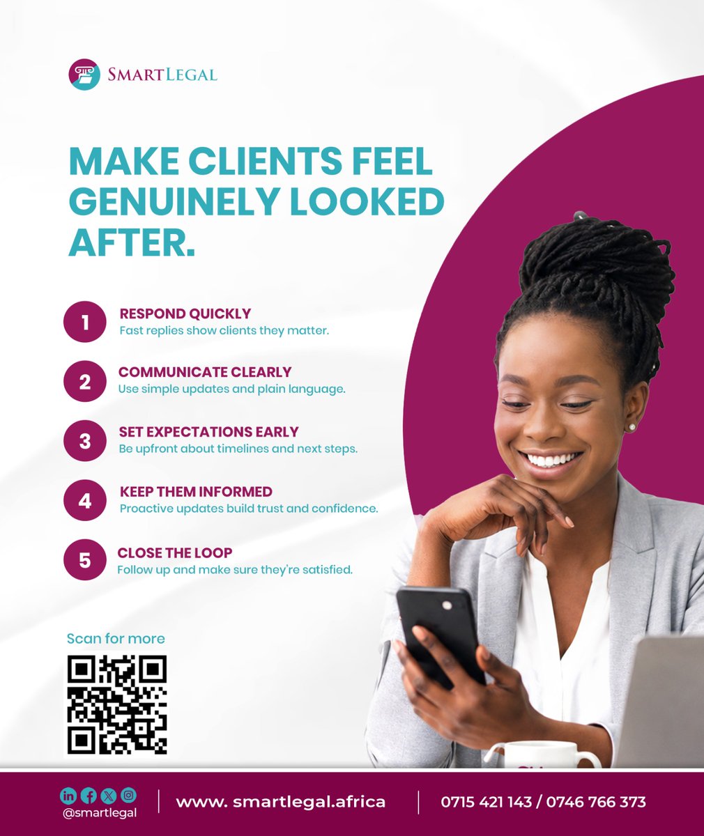 SmartLegalAfrca's tweet photo. Your clients compare you to their bank not other law firms. Instant. Clear. Always available. ⚖️

@SmartLegalAfrca  fixes that gap. 

Book a demo and automate your legal  matters with ease!
📩 https://t.co/QeICSpJlx3 

#SmartLegal #LegalTech https://t.co/lM8HQmn8CH