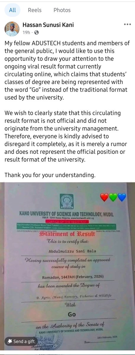 _Absaad's tweet photo. This is fake please, the individual with the result confirmed this. Also, this is the varsity's SUG President's post on Facebook. https://t.co/f6nIRsmbCy