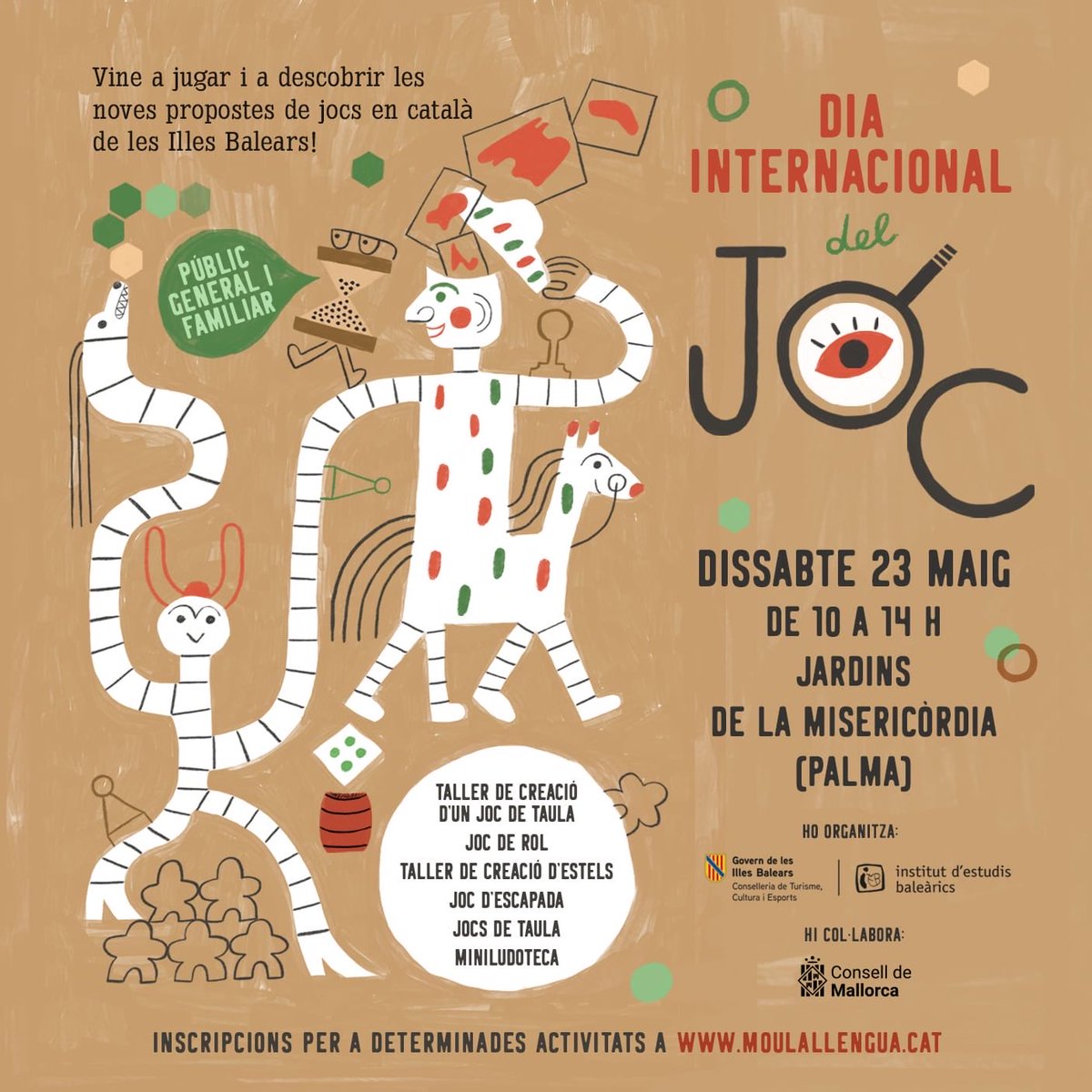 IEBalearics's tweet photo. 🎲 Vine a celebrar el Dia Internacional del Joc!

🗓 Dissabte 23 de maig
⏰ De 10 a 14 h
📍 Jardins de la Misericòrdia (Palma)

✨ Jocs de taula, joc de rol, joc d’escapada i tallers creatius per a tota la família! https://t.co/VvruzOsDZT